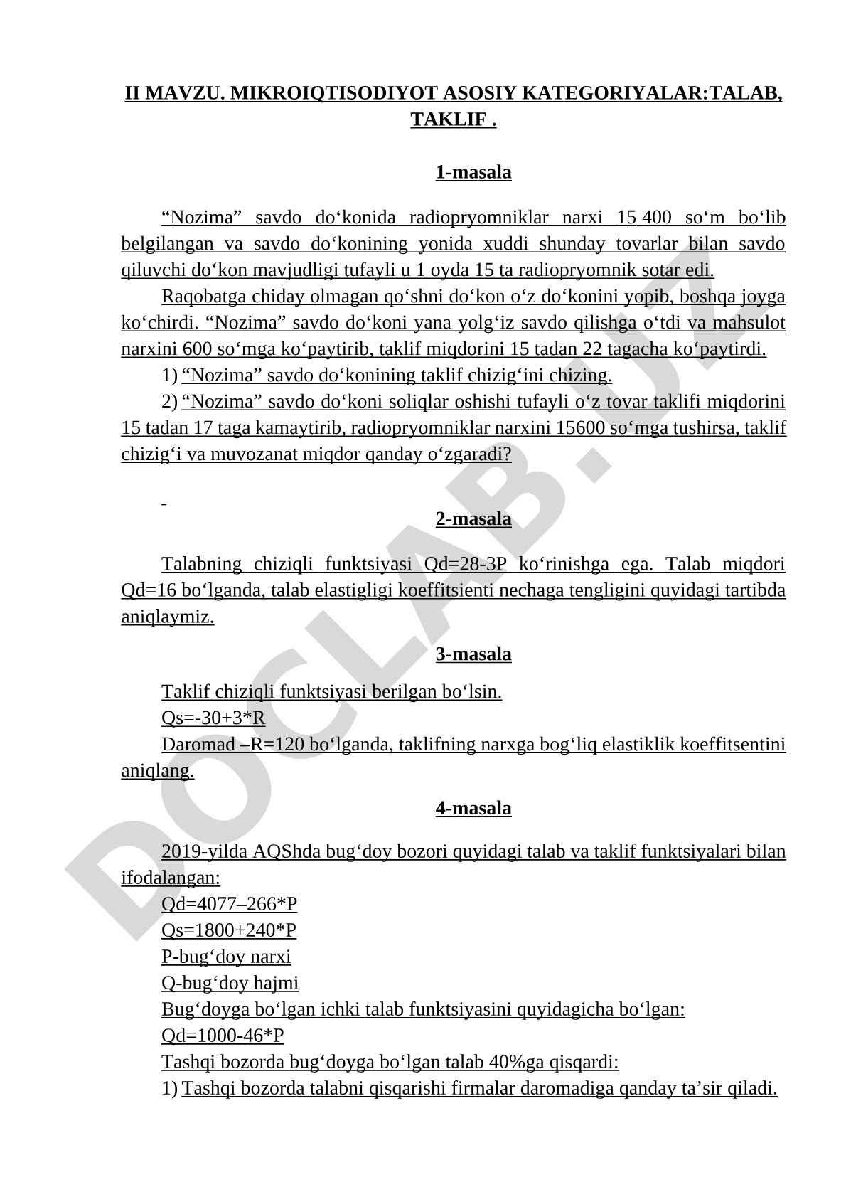 MIKROIQTISODIYOT ASOSIY KATEGORIYALAR:TALAB, TAKLIF
