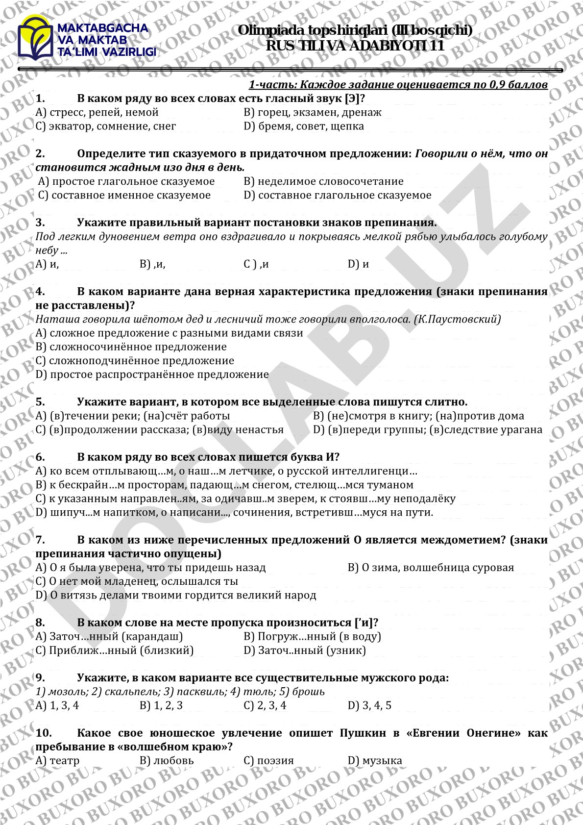 Олимпиадные задания по русскому языку и литературе для 11 класса
