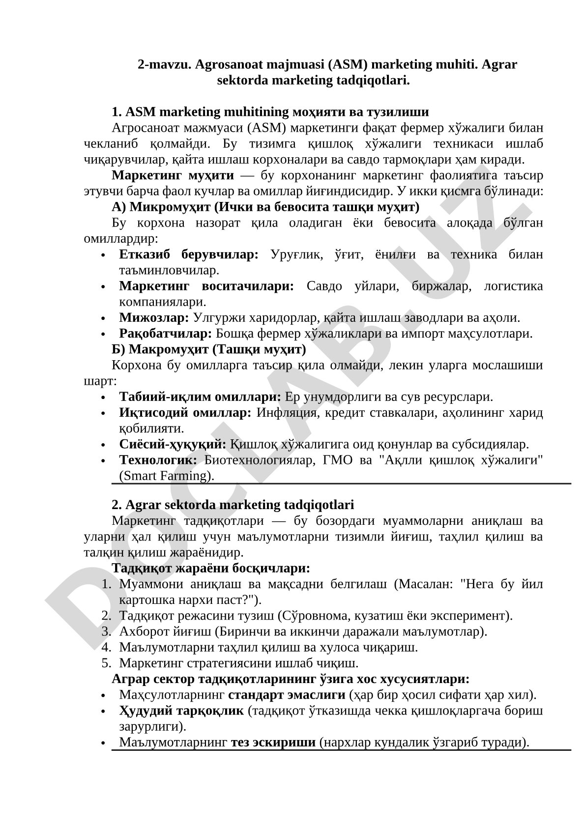 Agrosanoat majmuasi (ASM) marketing muhiti. Agrar sektorda marketing tadqiqotlari.