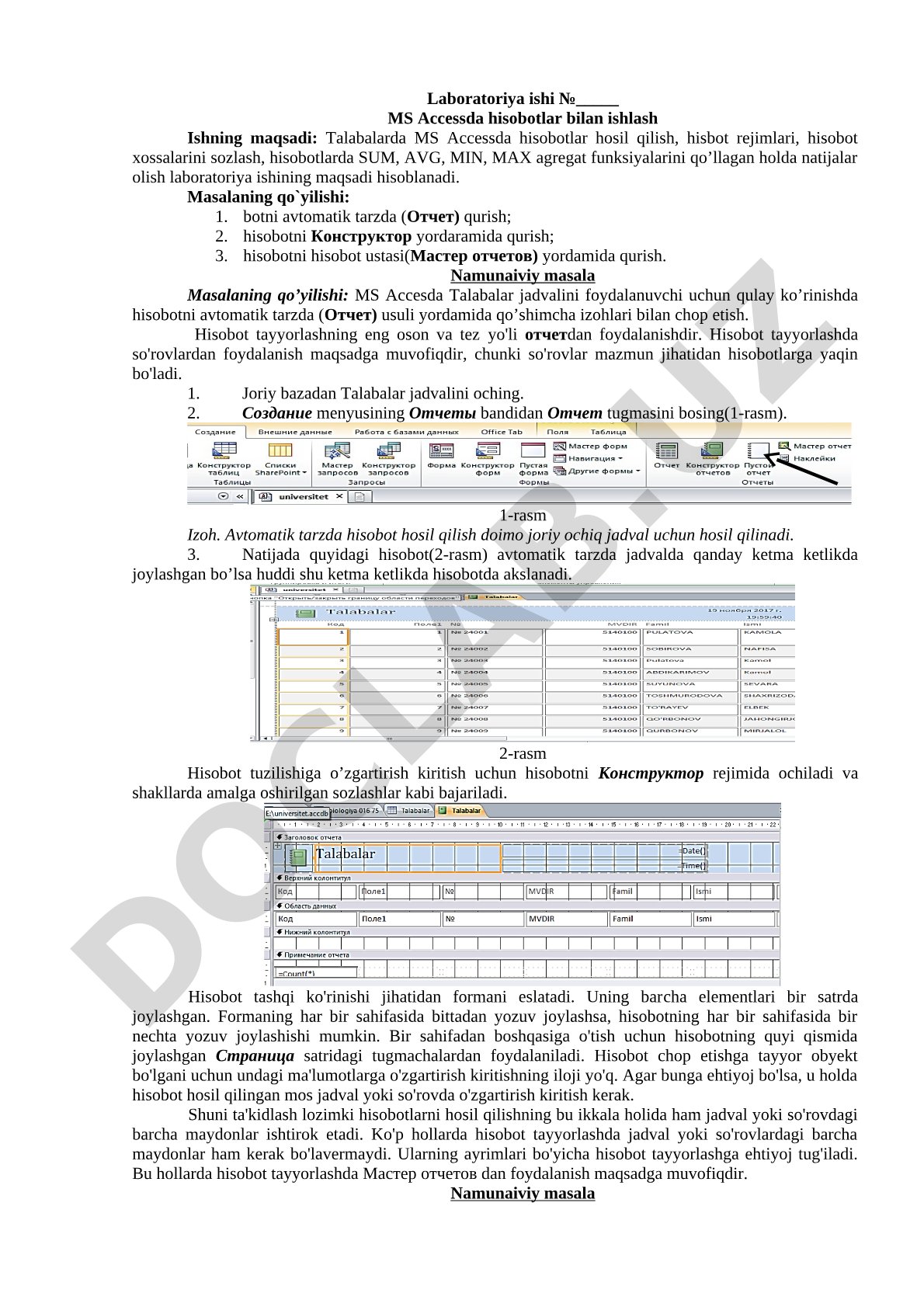 Laboratoriya ishi №_____ MS Accessda hisobotlar bilan ishlash