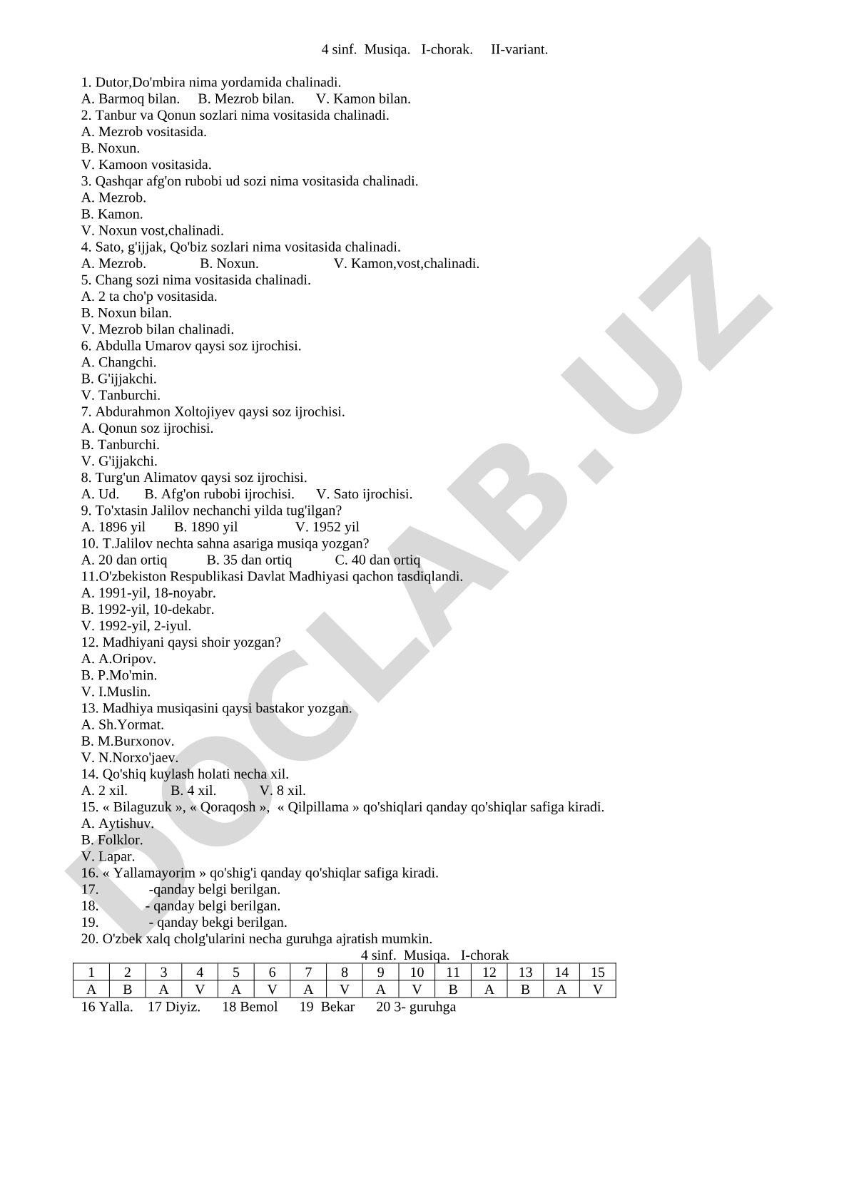 4-sinf Musiqa I-chorak II-variant savollari