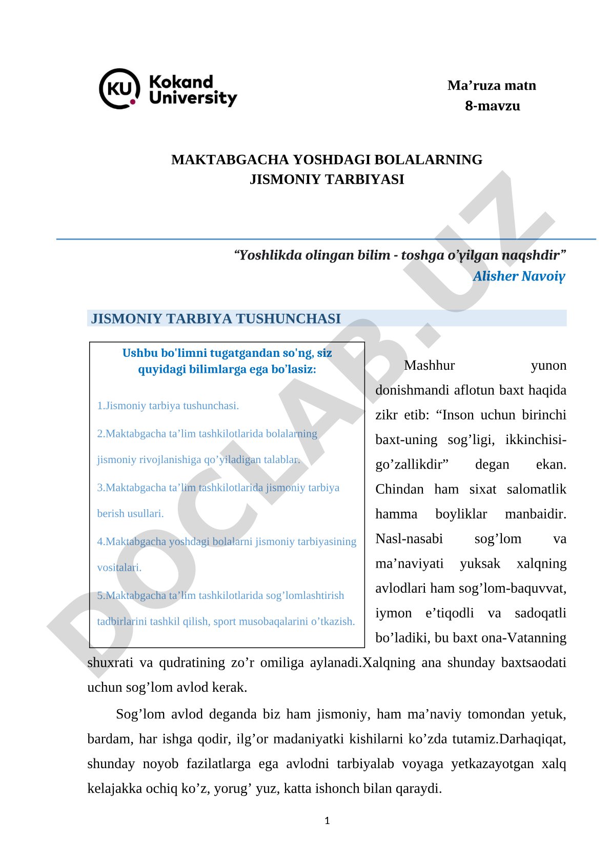 MAKTABGACHA YOSHDAGI BOLALARNING JISMONIY TARBIYASI