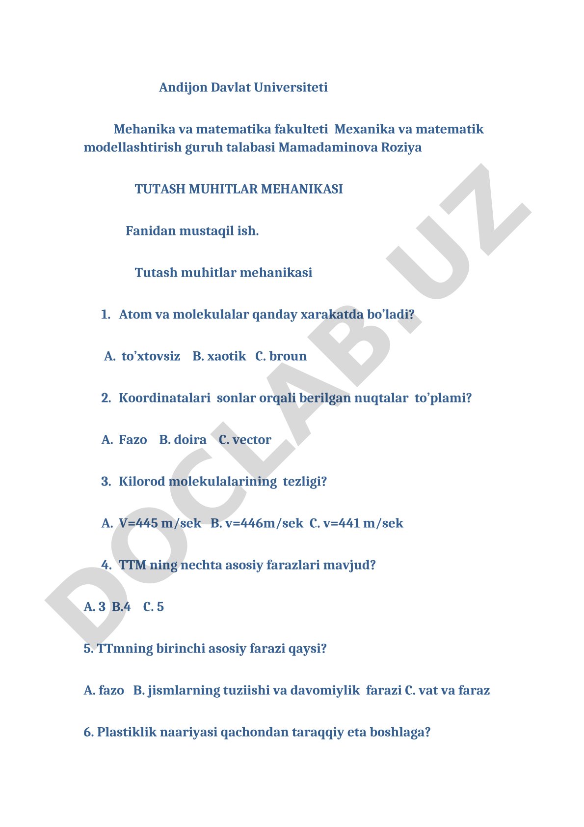 Tutash muhitlar mehanikasi fanidan mustaqil ish
