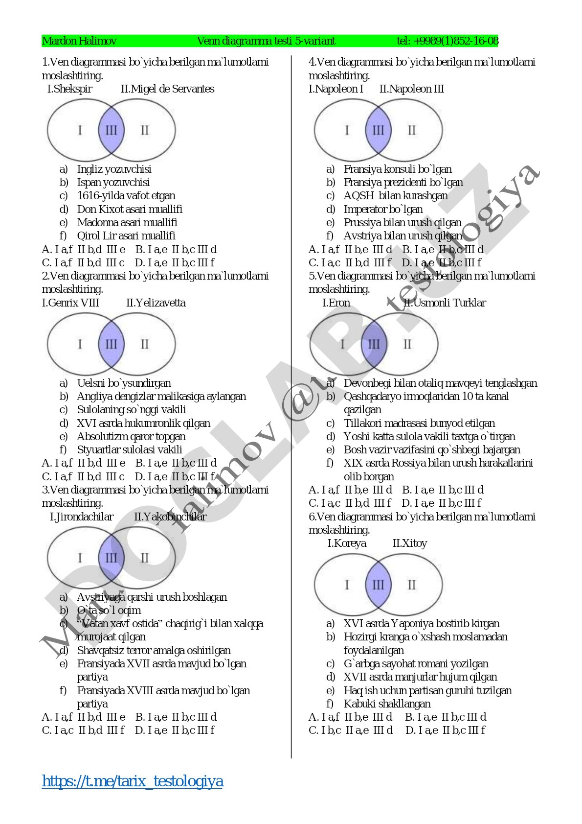 Tarix fanidan Venn diagramma testi