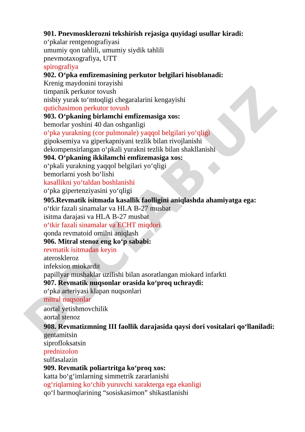 Ichki kasalliklar bo'yicha test savollari