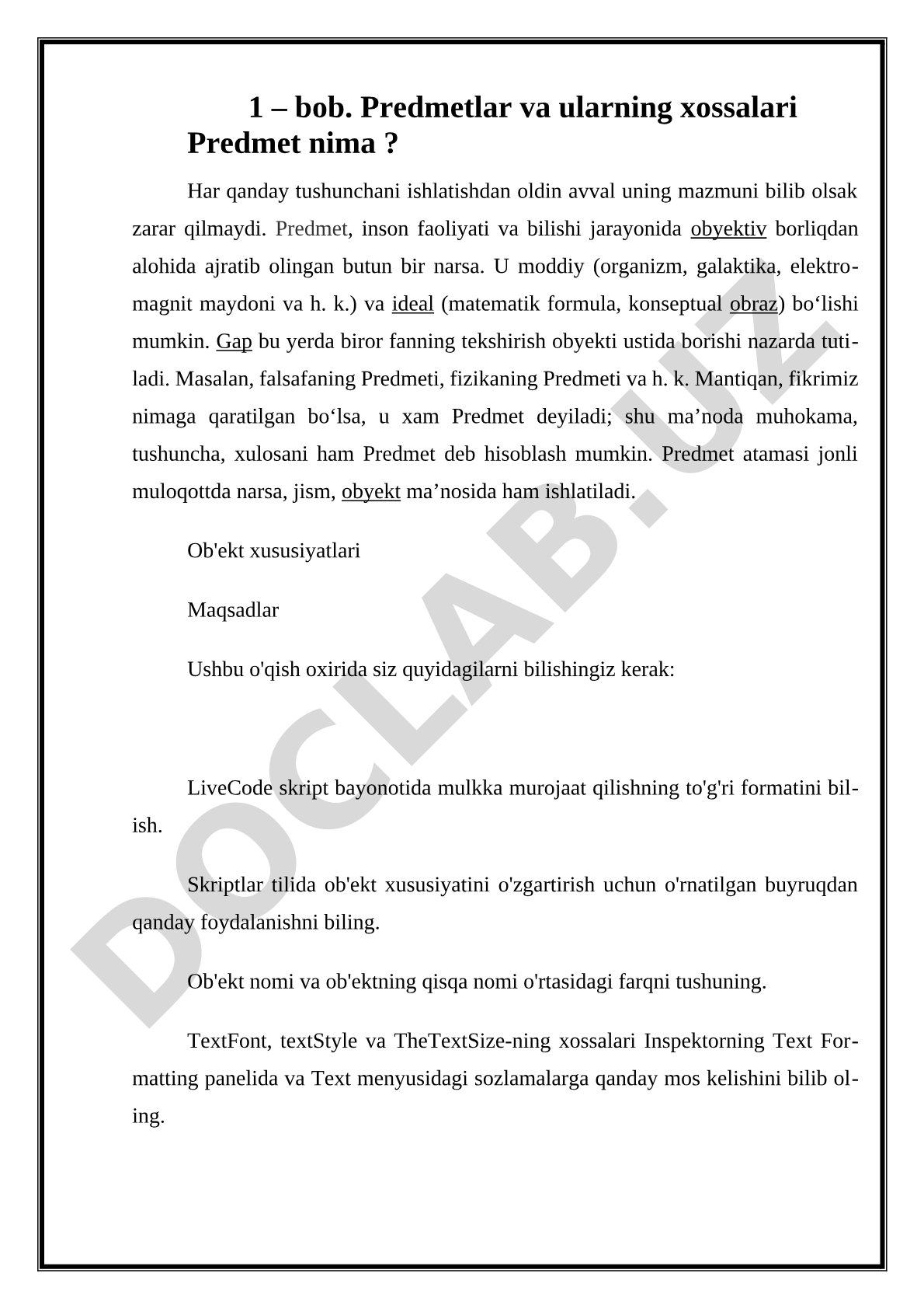 Predmetlar va ularning xossalari. Algoritmlarni loyihalash va tahlil qilish.