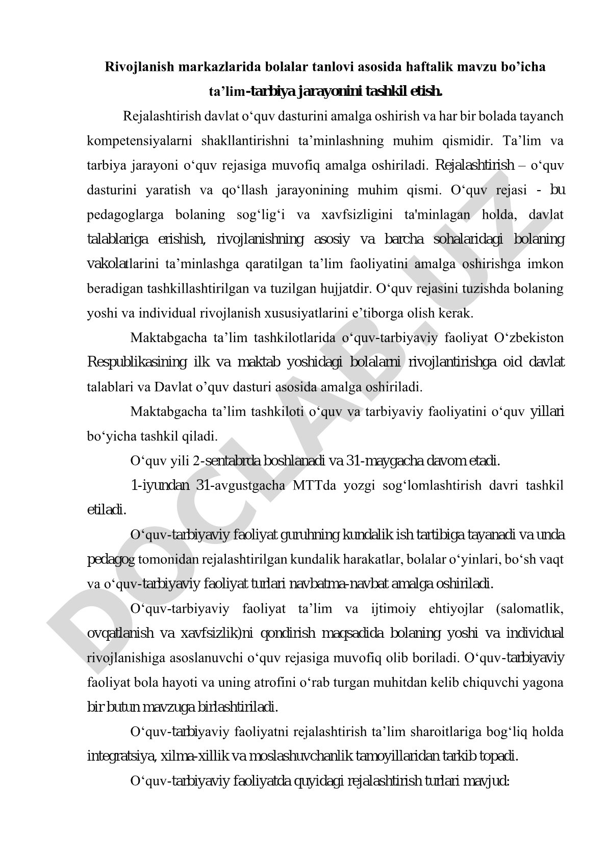 Rivojlanish markazlarida ta'lim-tarbiya jarayonini rejalashtirish