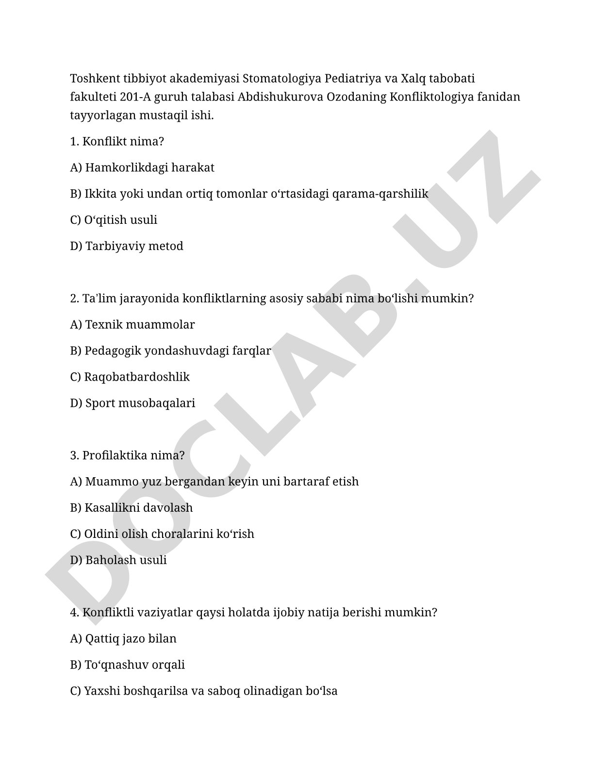 Konfliktologiya fanidan mustaqil ish: konflikt tushunchasi, sabablari va hal qilish