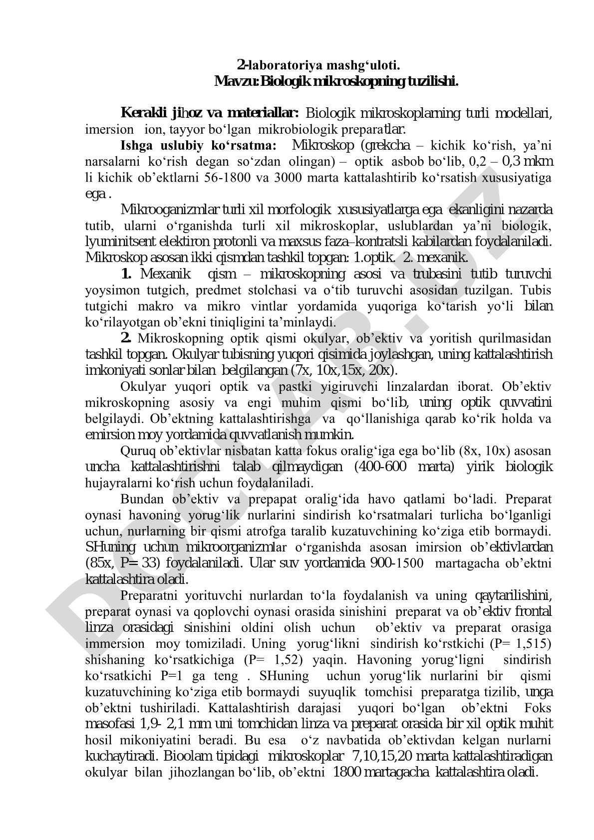 Mikroskopning tuzilishi, optik va mexanik qismlari, ishlash prinsipi va laboratoriya