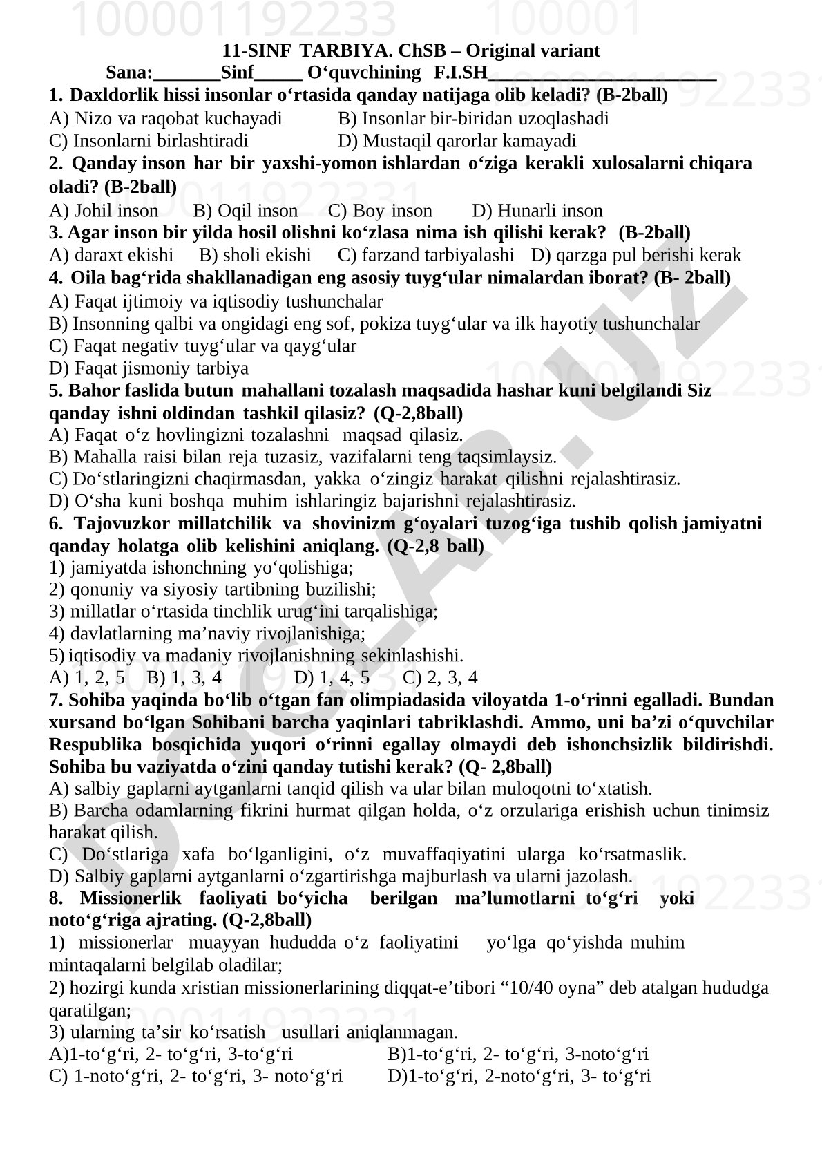 11-sinf Tarbiya fanidan ChSB test savollari