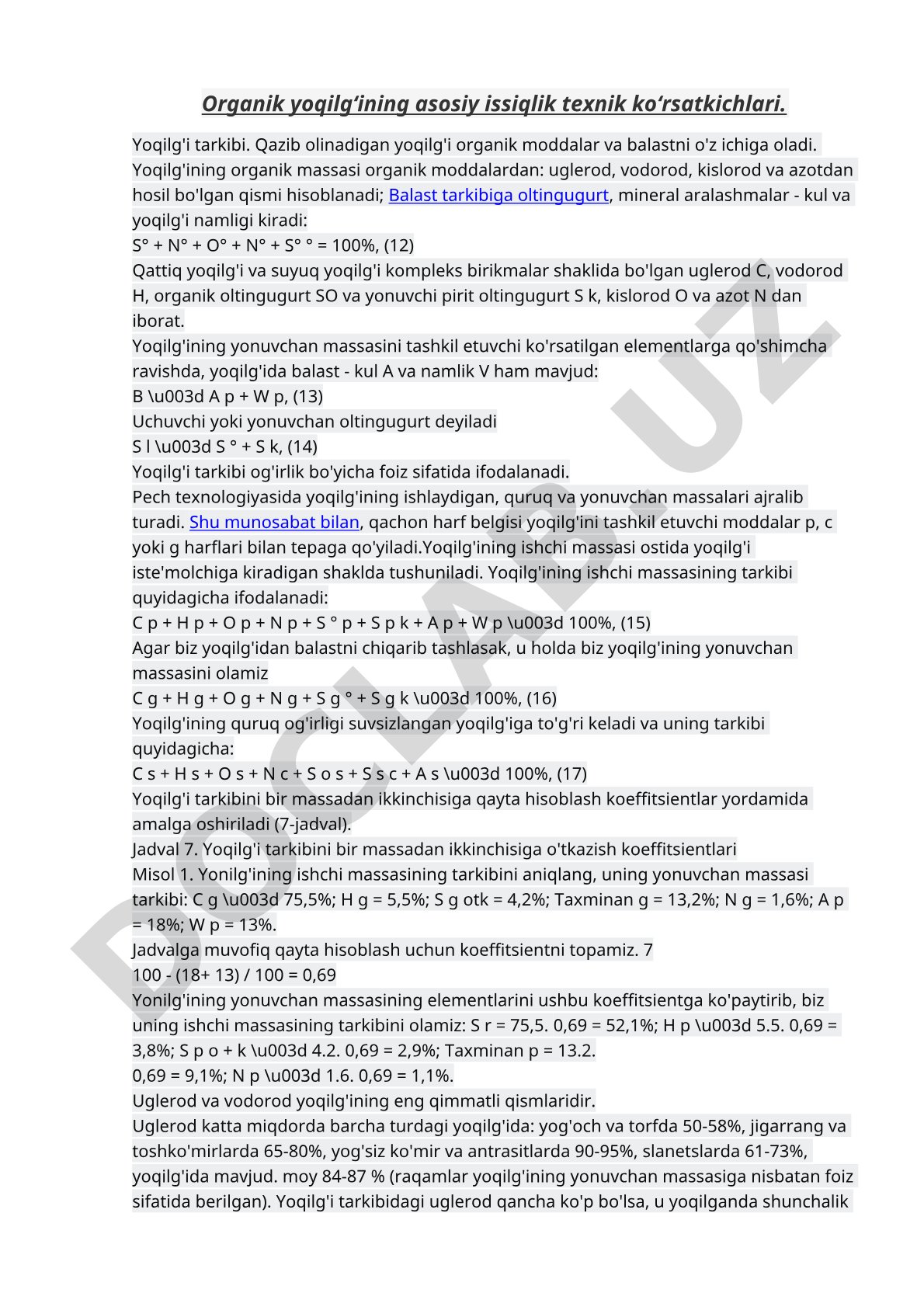 Organik yoqilg‘ining asosiy issiqlik texnik ko‘rsatkichlari