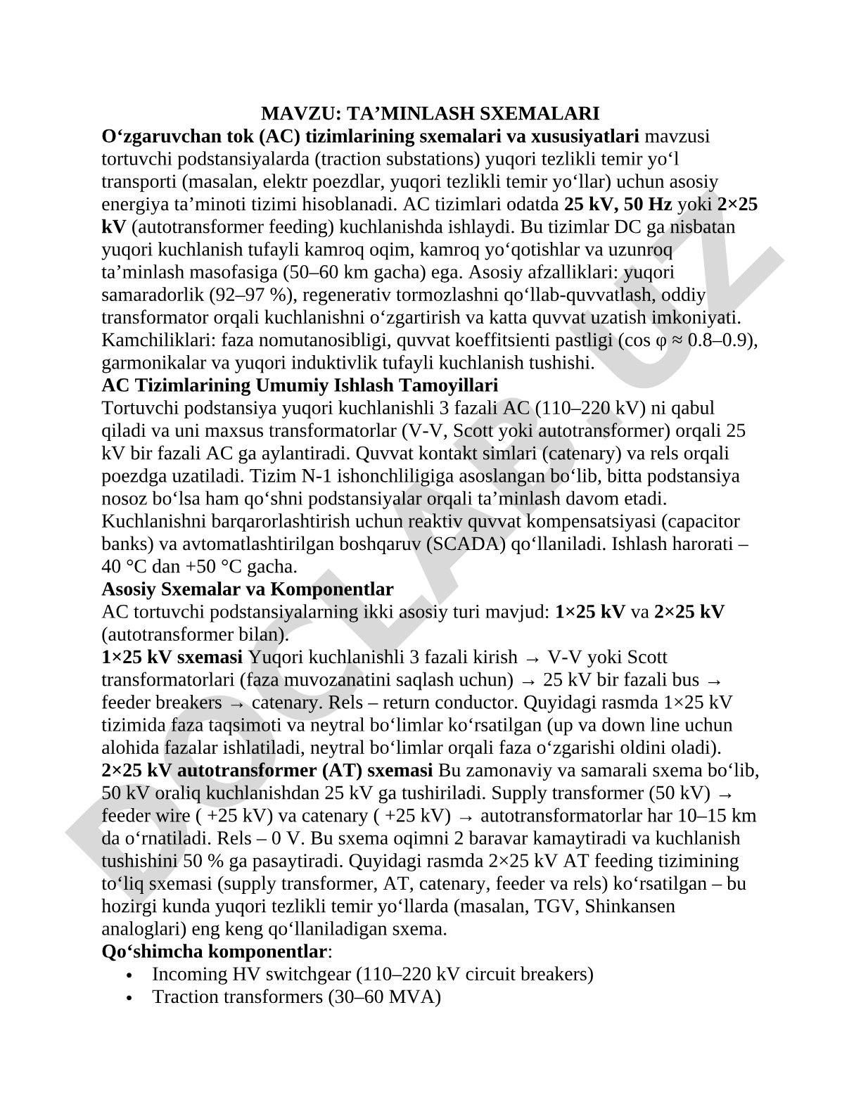TA’MINLASH SXEMALARI O‘zgaruvchan tok (AC) tizimlarining sxemalari va xususiyatlari