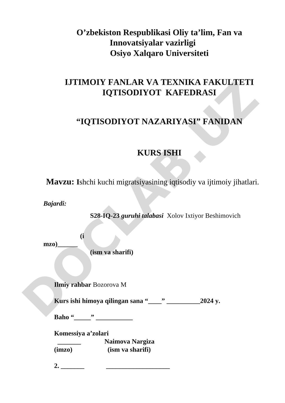 Ishchi kuchi migratsiyasining iqtisodiy va ijtimoiy jihatlari