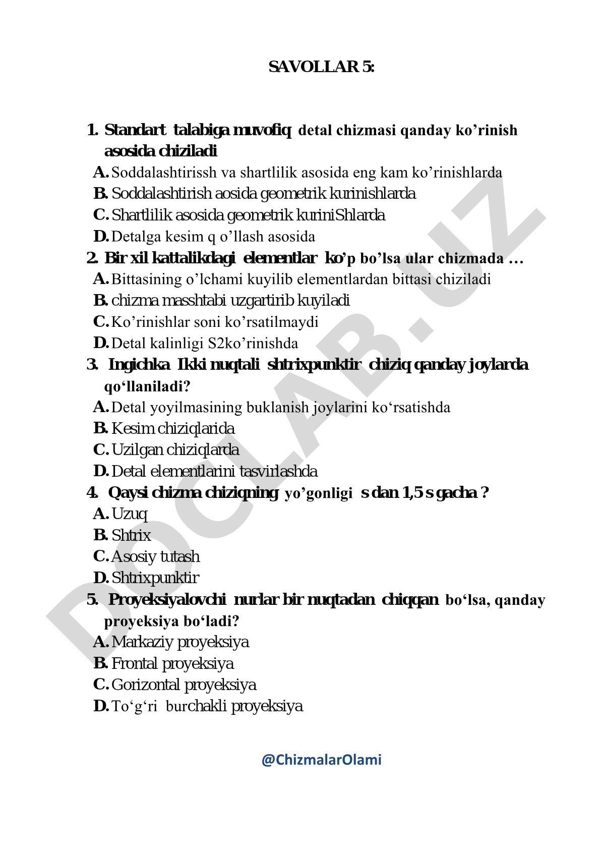 Chizma chiziqlari va proyeksiyalar haqida savollar