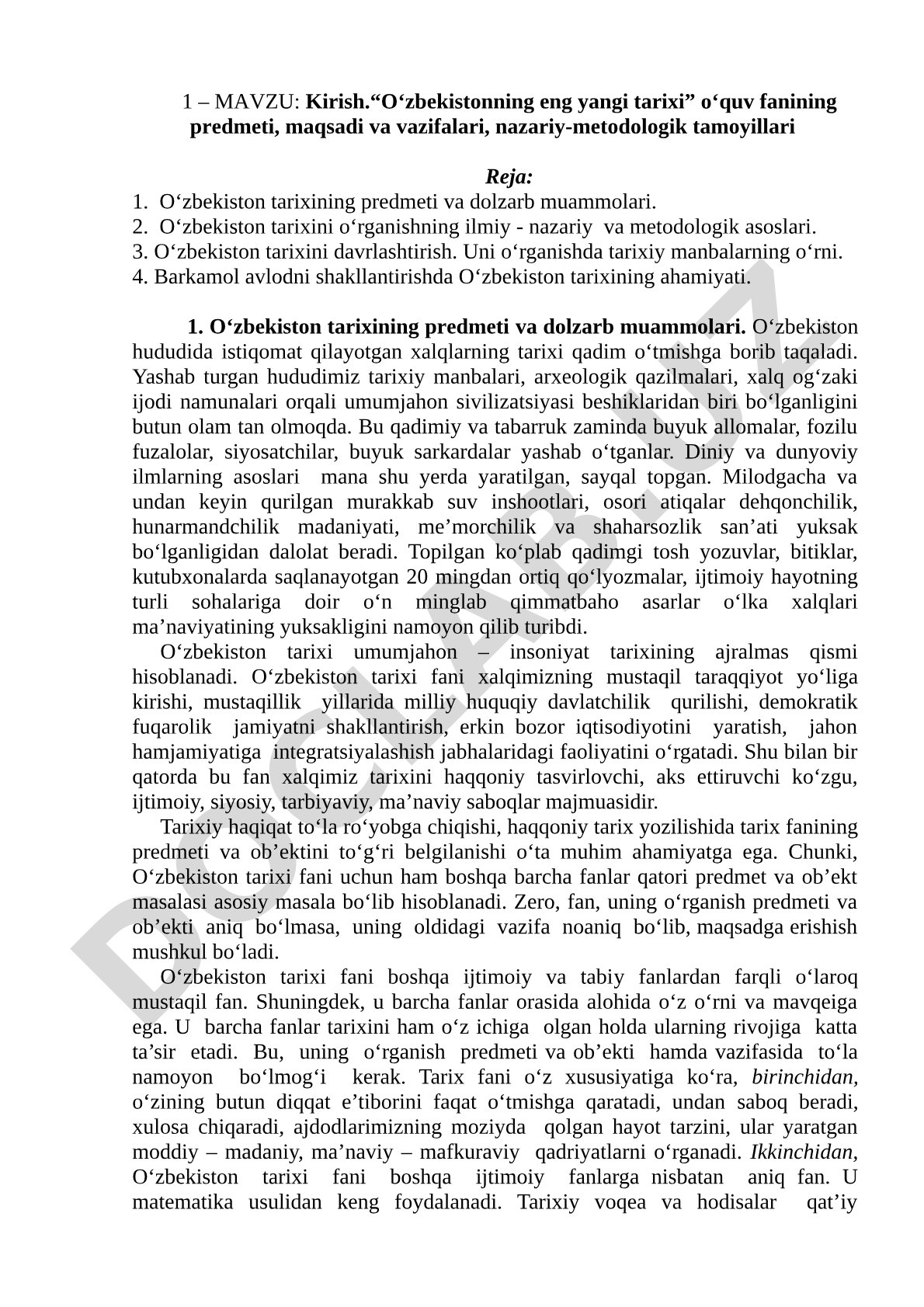 O‘zbekistonning eng yangi tarixi o‘quv fanining predmeti, maqsadi va vazifalari, nazariy-metodologik tamoyillari