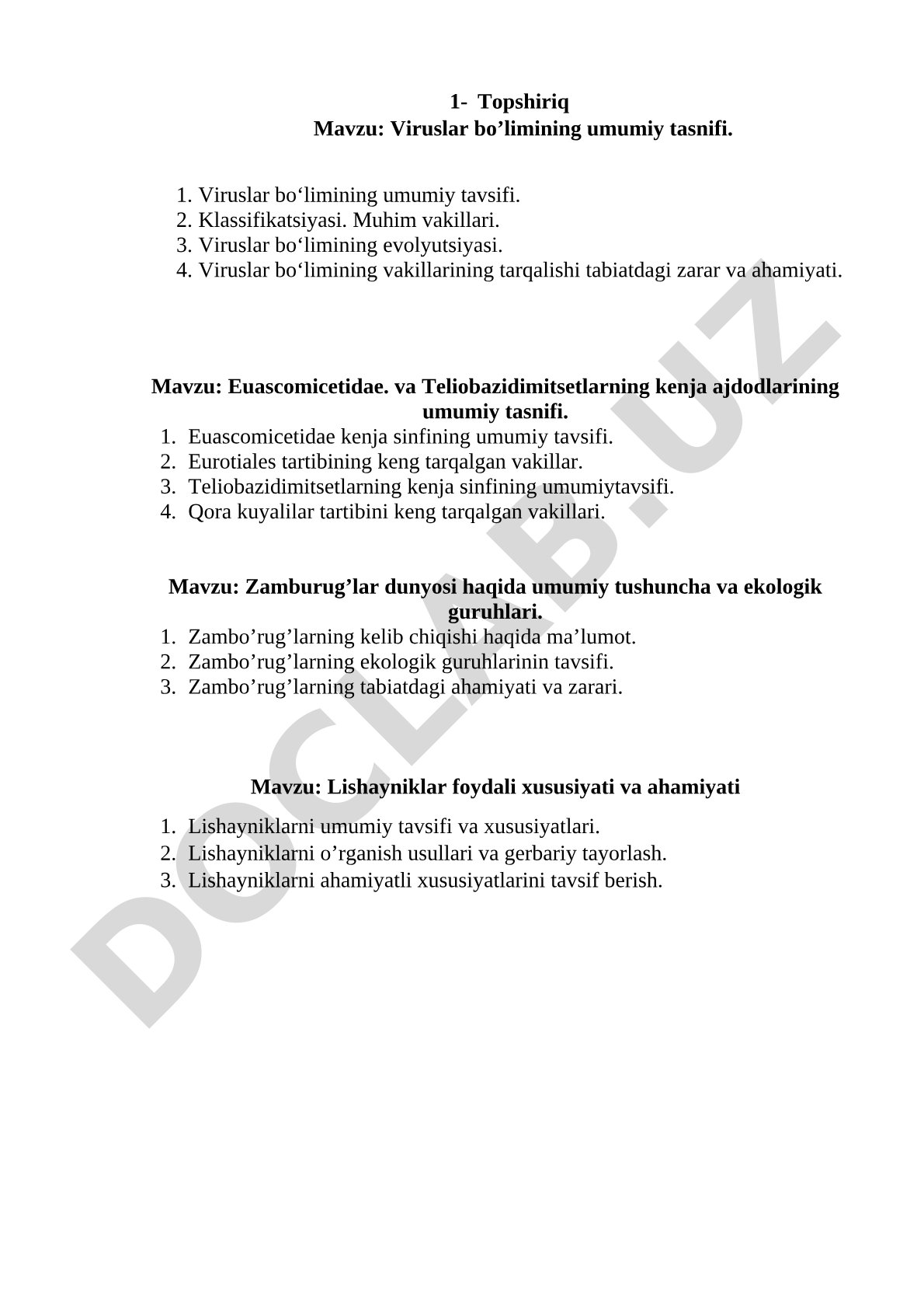 Viruslar, zamburug‘lar va lishayniklarning umumiy tasnifi
