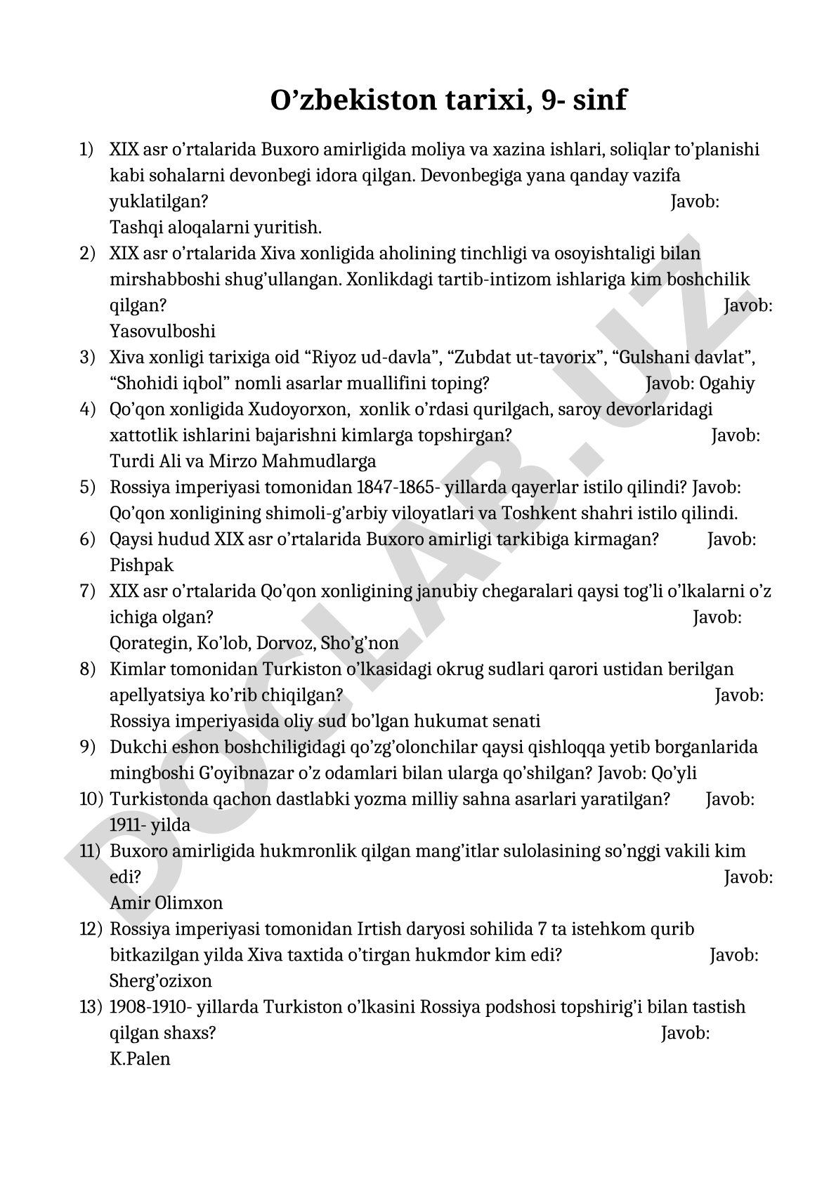 XIX asr o'rtalarida Buxoro amirligi, Xiva va Qo'qon xonliklarida boshqaruv tizimi