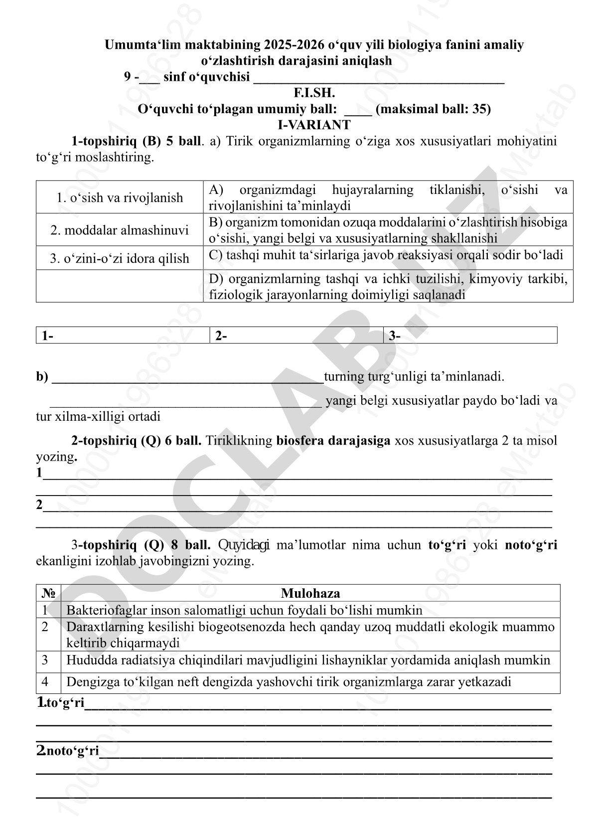 9-sinf biologiya fanidan amaliy o'zlashtirish darajasini aniqlash testi