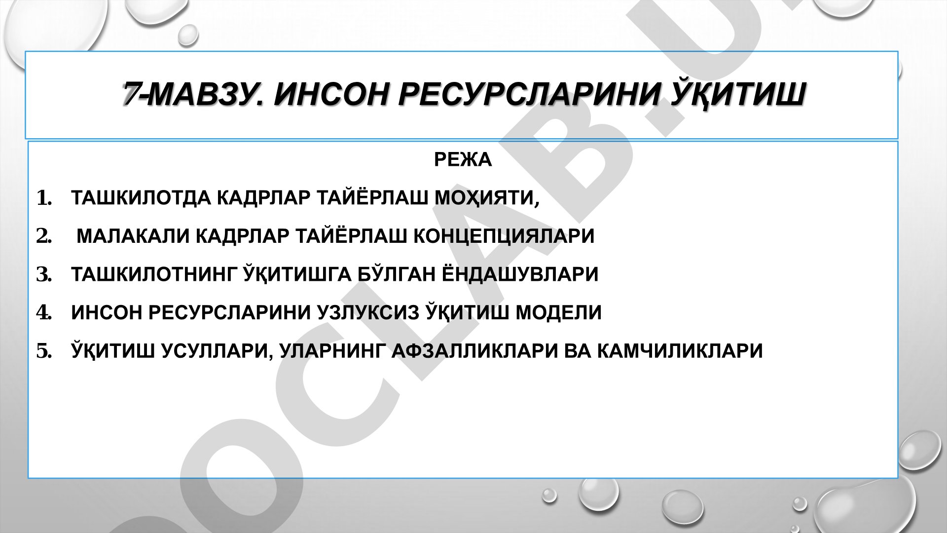ИНСОН РЕСУРСЛАРИНИ ЎҚИТИШ РЕЖА