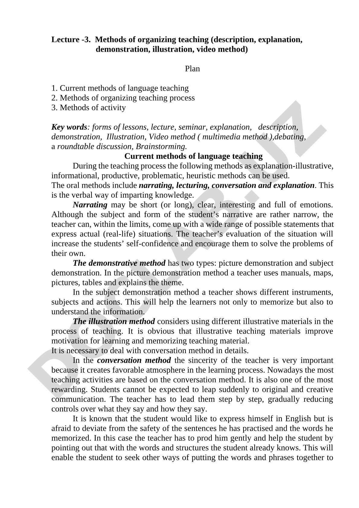 Methods of organizing teaching