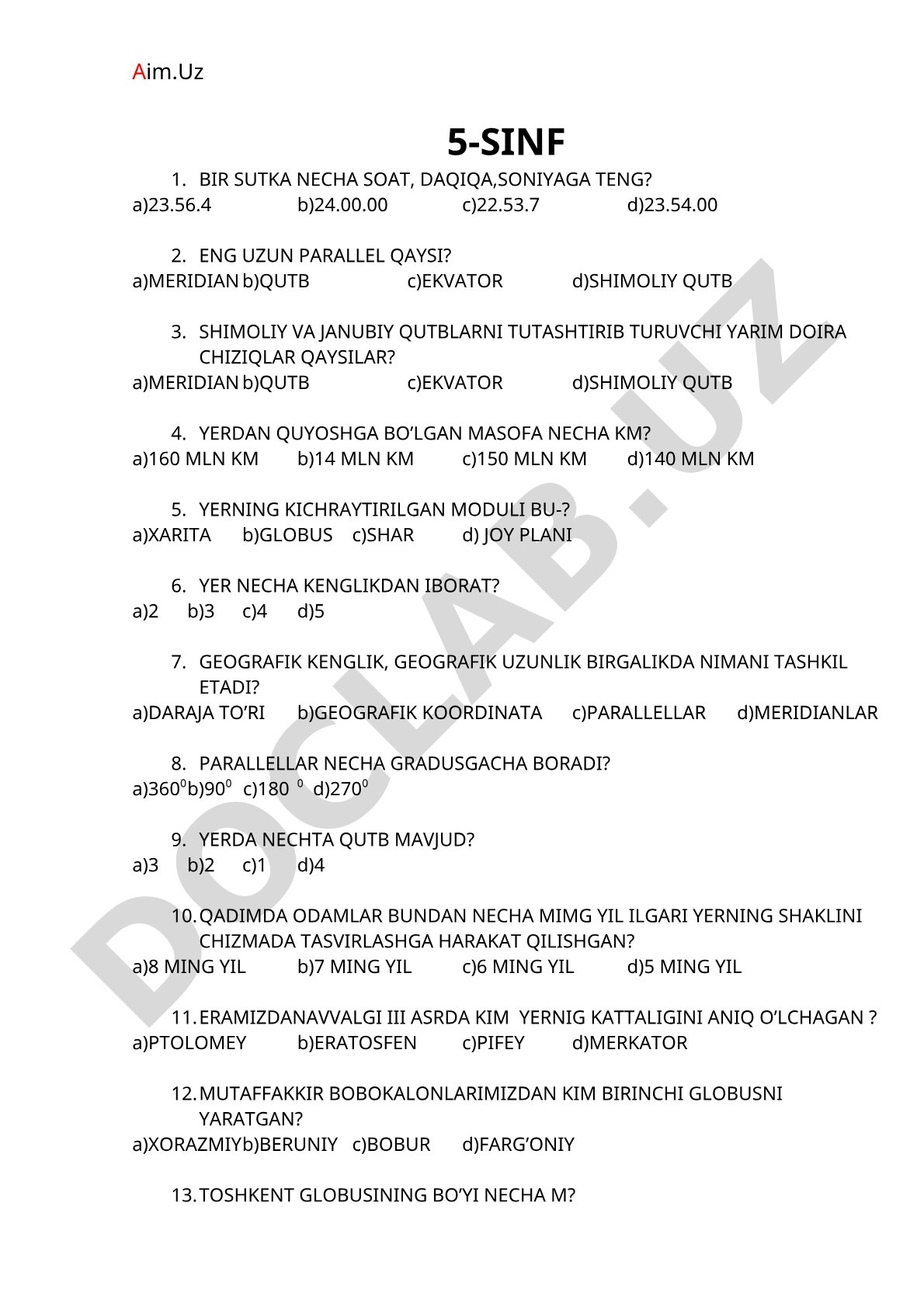 5-sinf geografiya test savollari