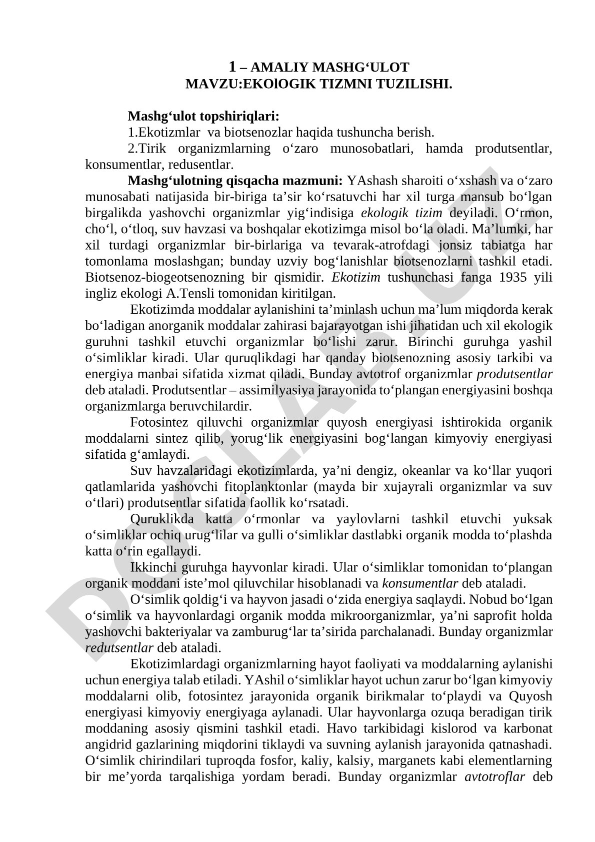 EKOlOGIK TIZMNI TUZILISHI