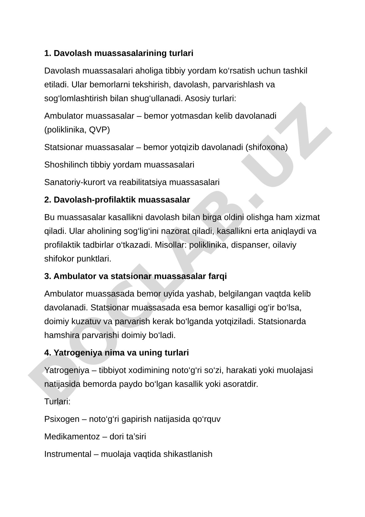 Davolash muassasalarining turlari