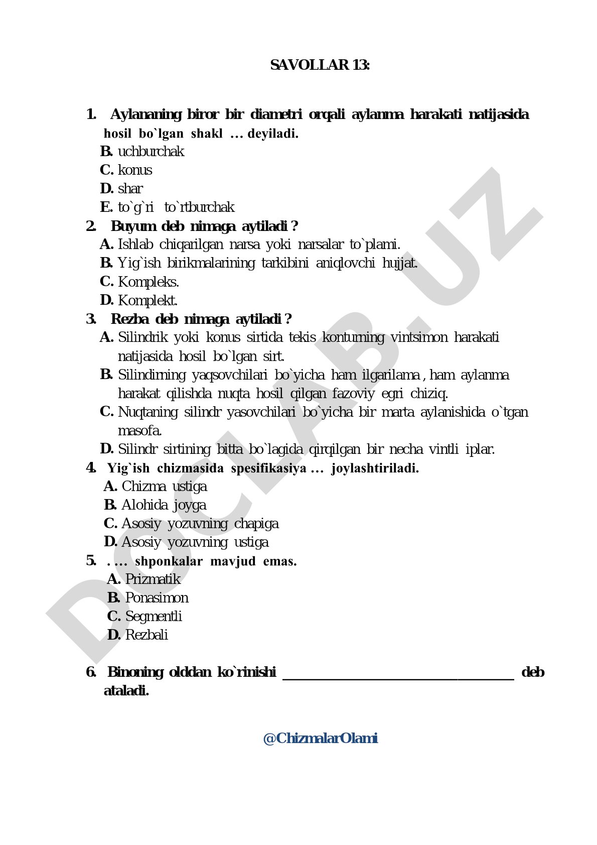 Chizma geometriya va muhandislik grafikasi fanidan test savollari