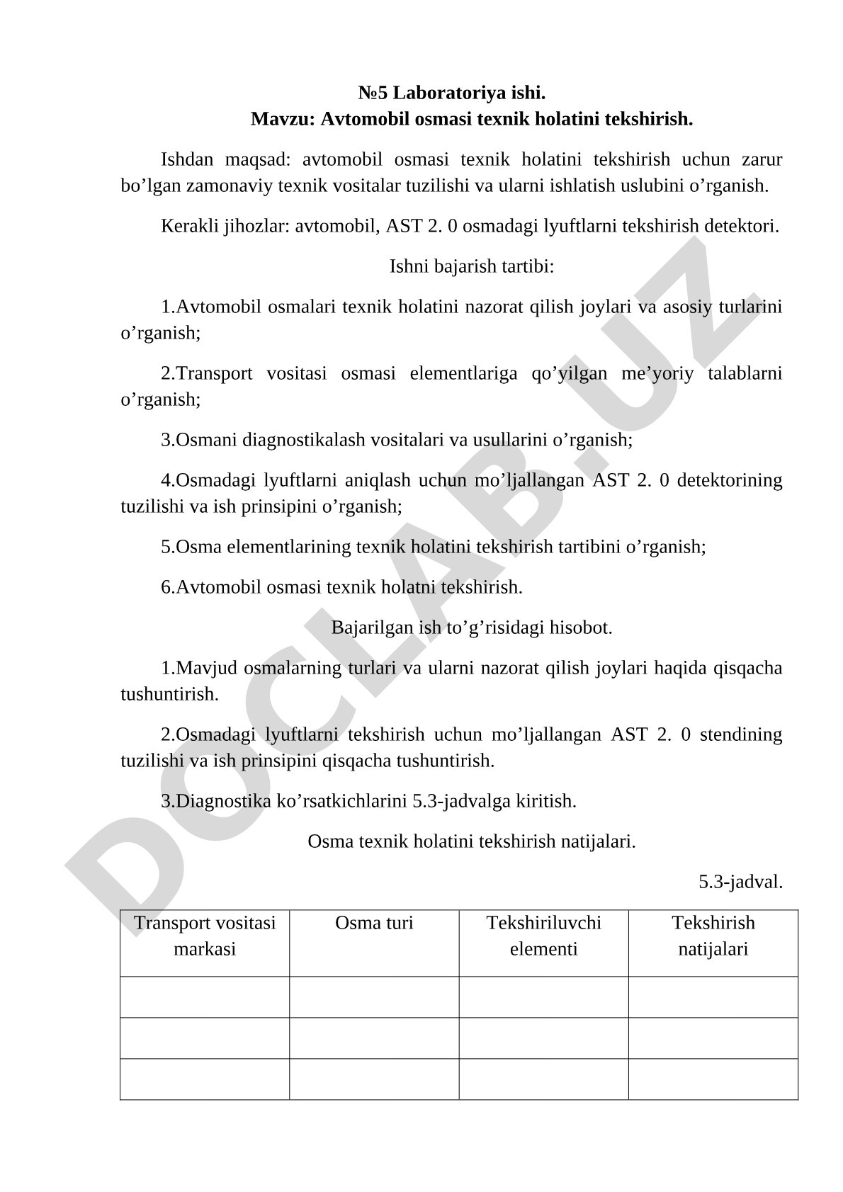 Avtomobil osmasi texnik holatini tekshirish