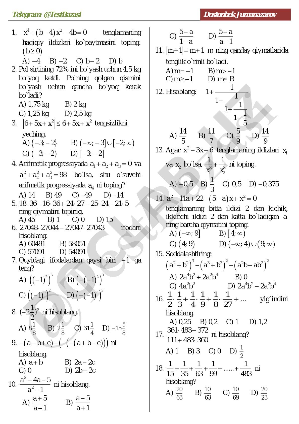 Matematika test savollari