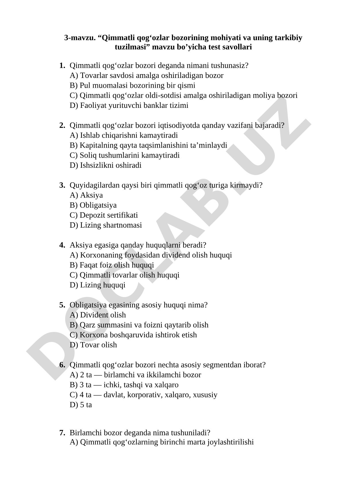 Qimmatli qog‘ozlar bozorining mohiyati va uning tarkibiy tuzilmasi