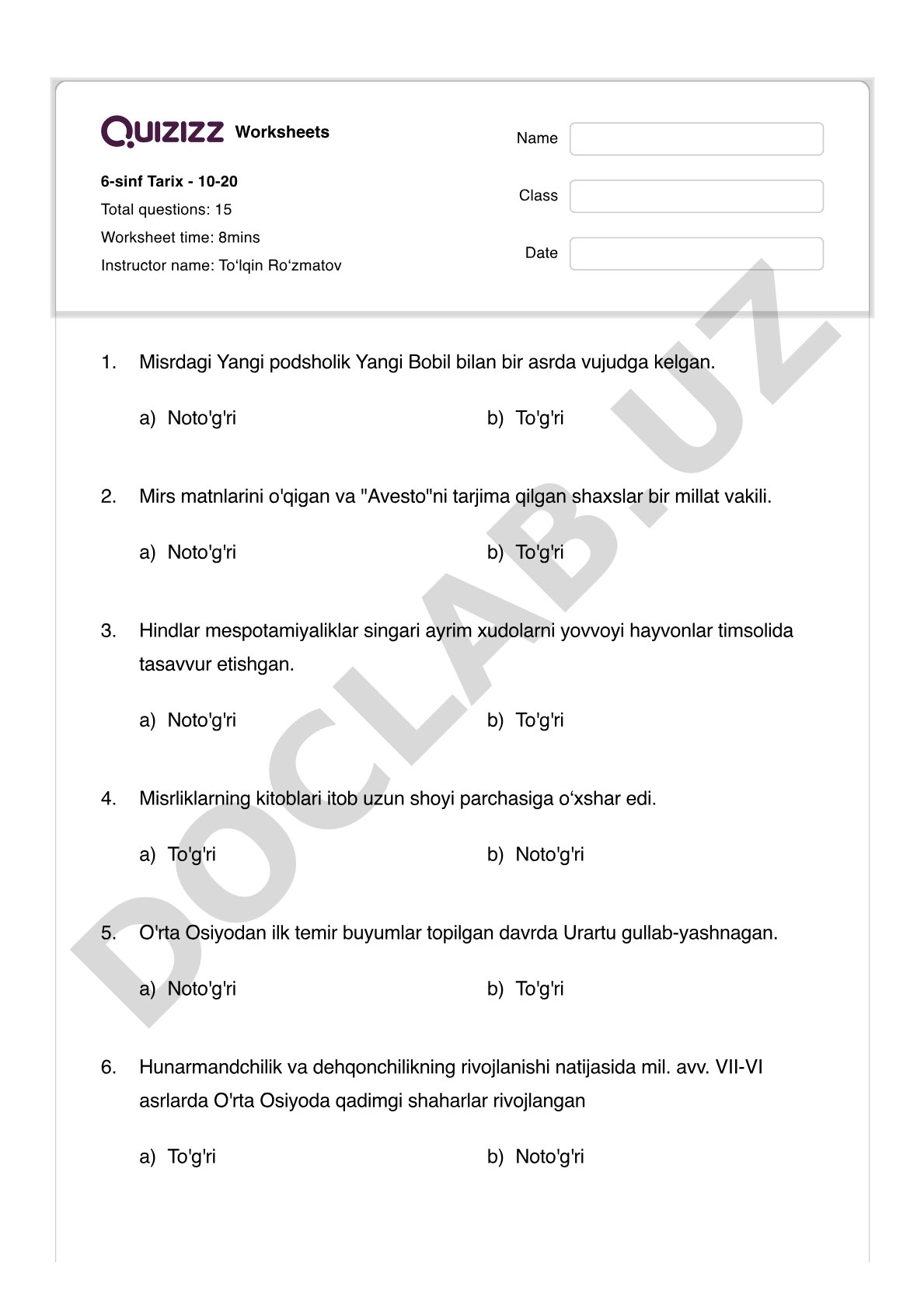 6-sinf tarix: Qadimgi Sharq va O'rta Osiyo