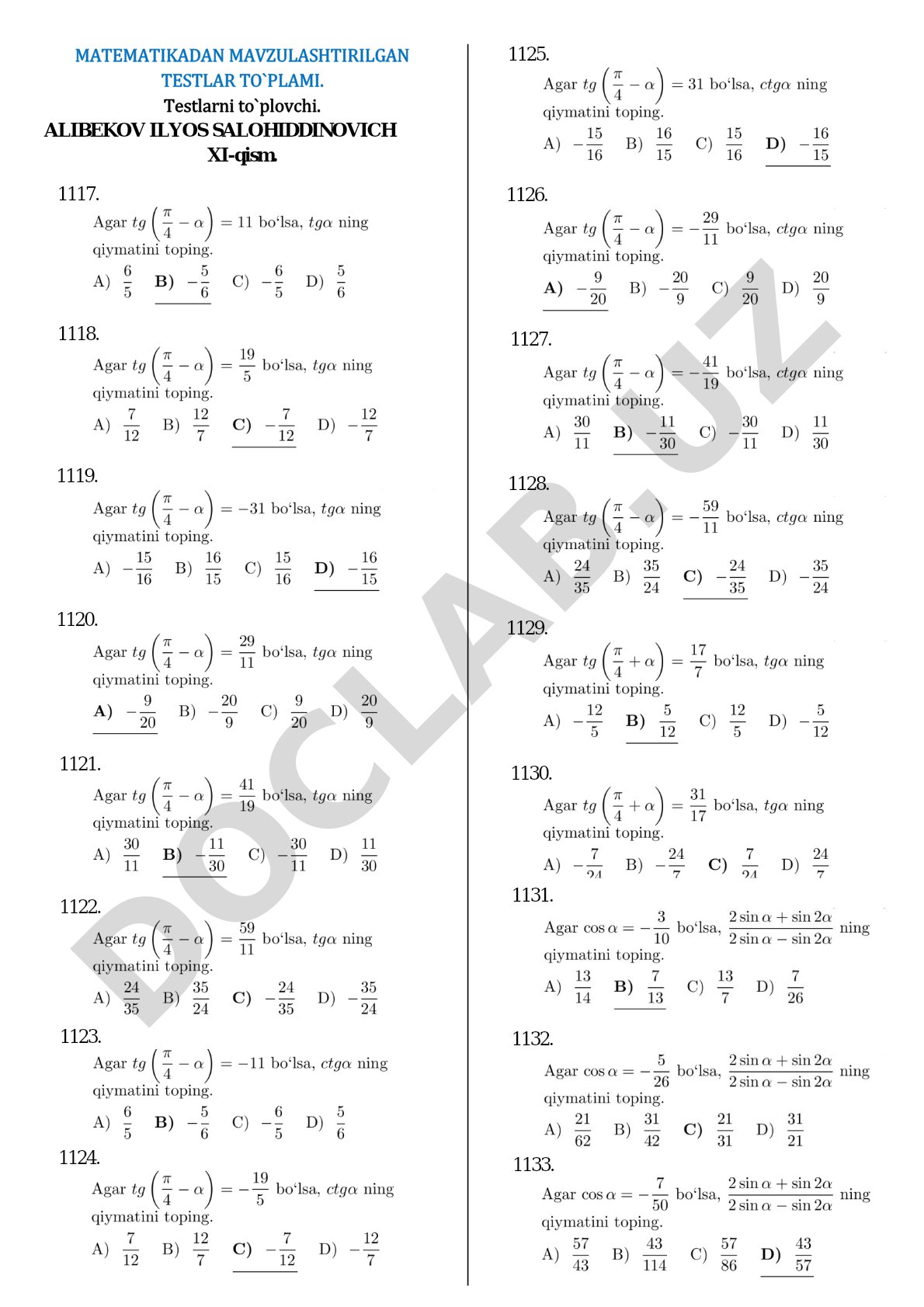 Matematikadan mavzulashtirilgan testlar to'plami