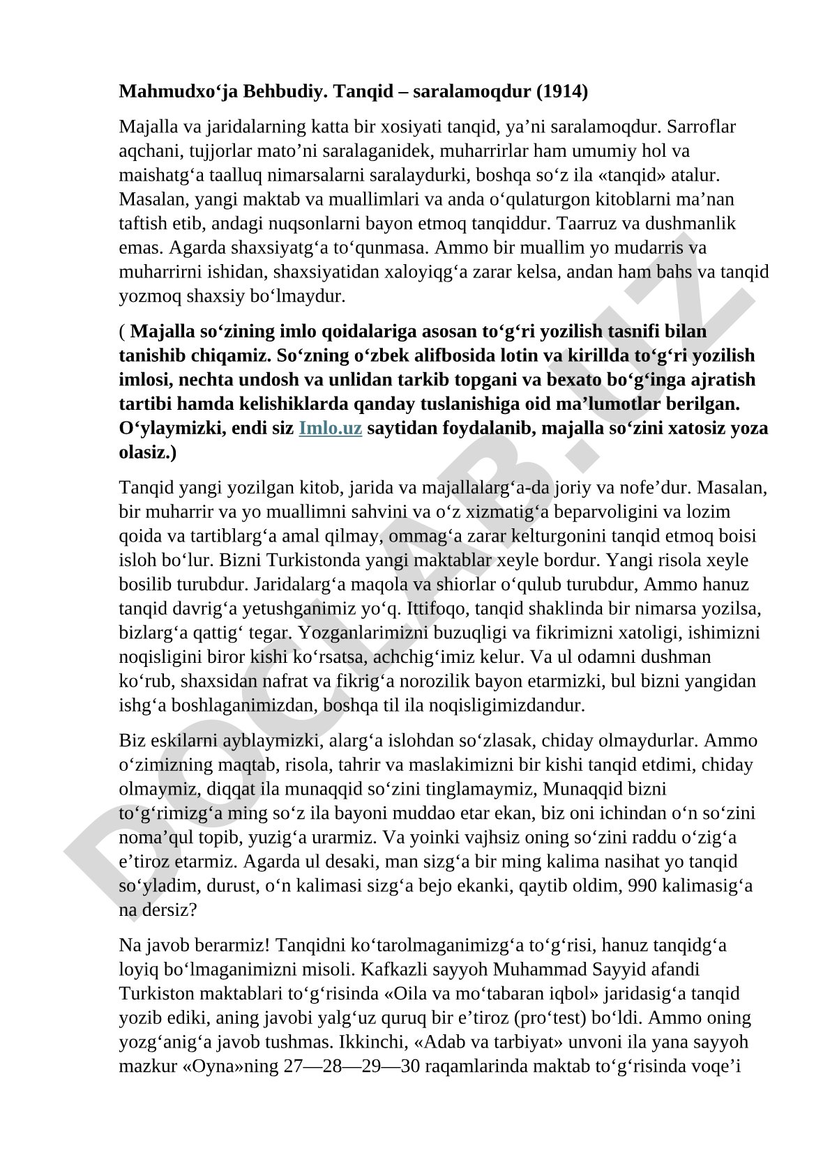 Mahmudxo‘ja Behbudiyning 'Tanqid – saralamoqdur' maqolasi