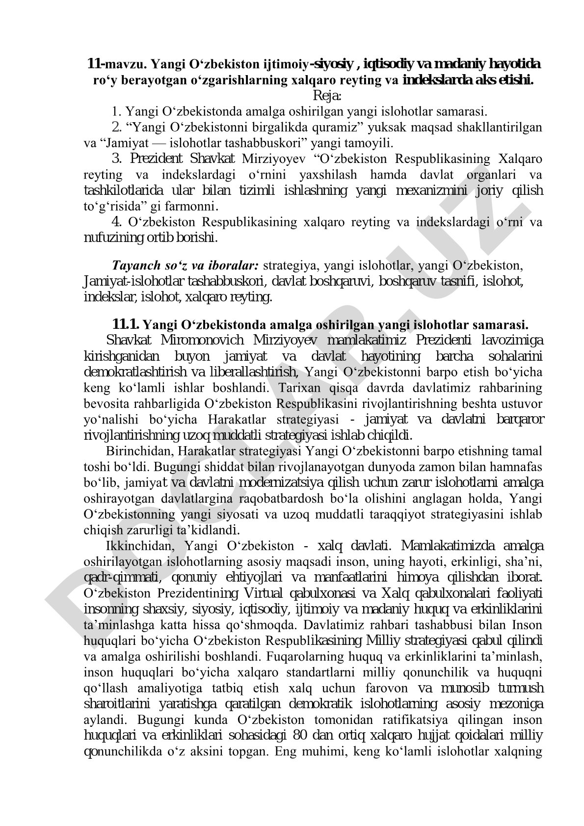 Yangi O‘zbekiston ijtimoiy-siyosiy , iqtisodiy va madaniy hayotida ro‘y berayotgan o‘zgarishlarning xalqaro reyting va indekslarda aks etishi