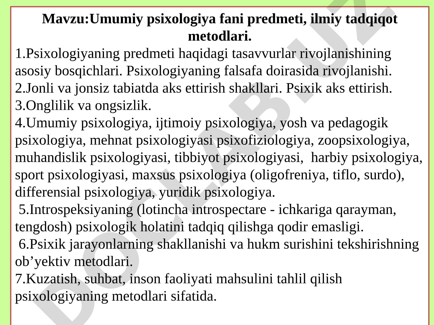 Umumiy psixologiya fani predmeti, ilmiy tadqiqot metodlari