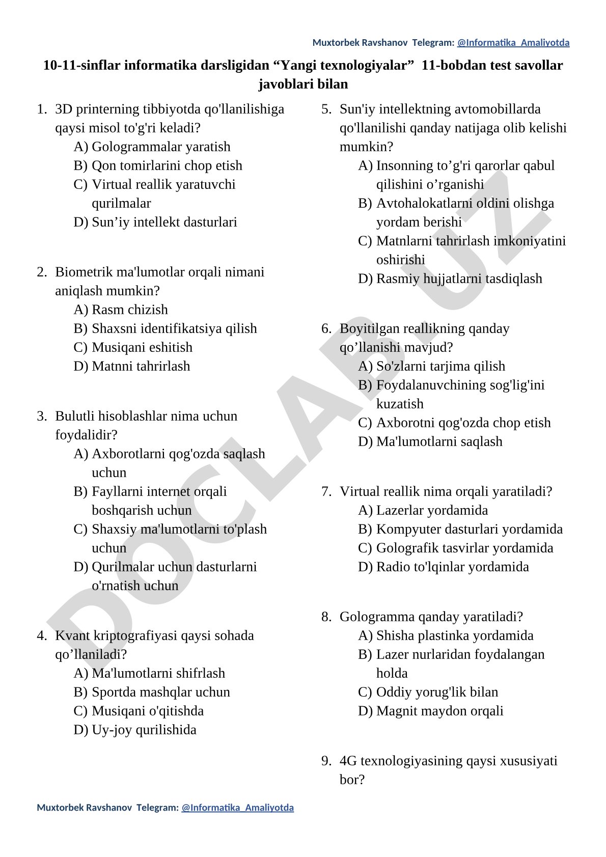 Yangi texnologiyalar 11-bob test savollari javoblari bilan