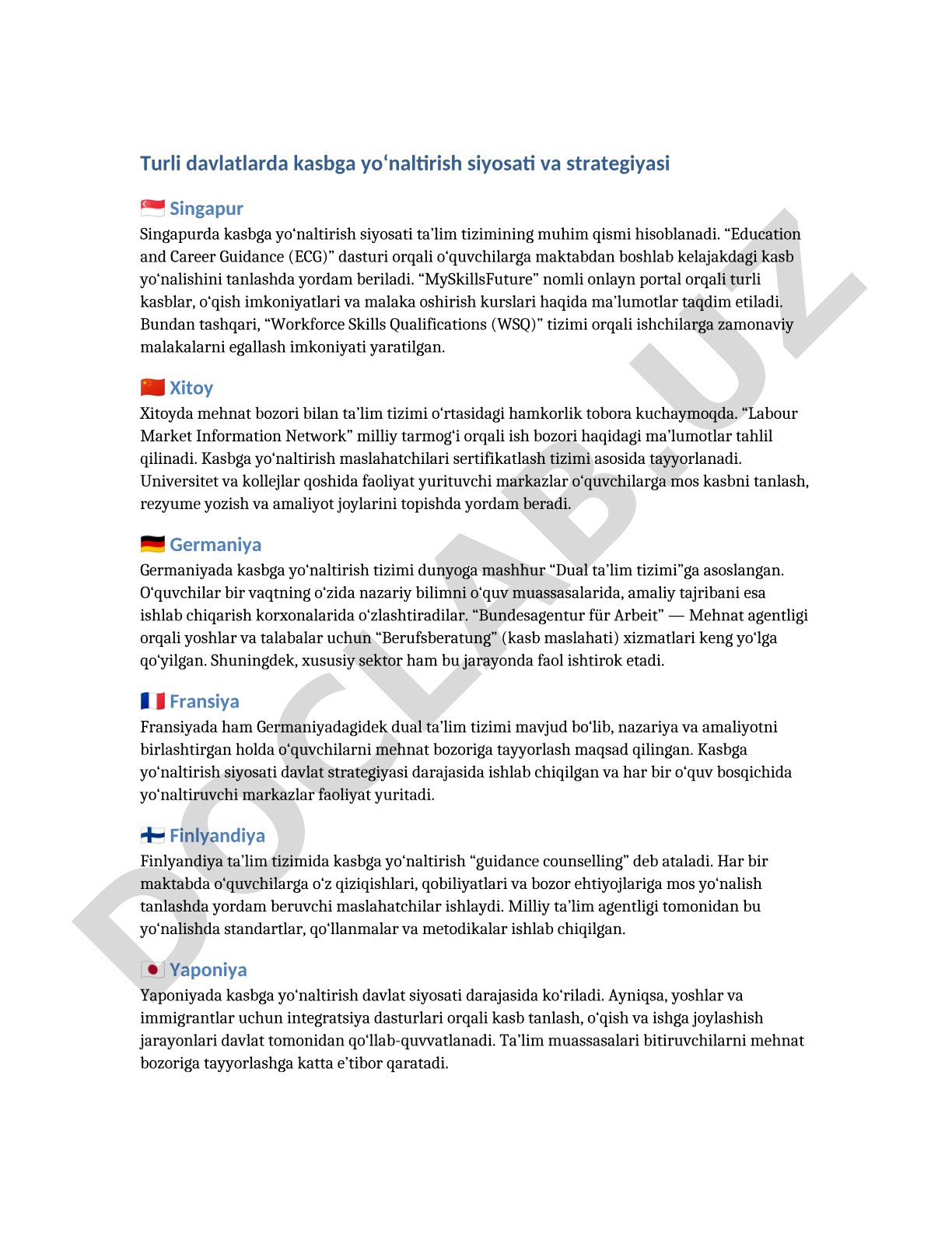 Turli davlatlarda kasbga yo‘naltirish siyosati va strategiyasi
