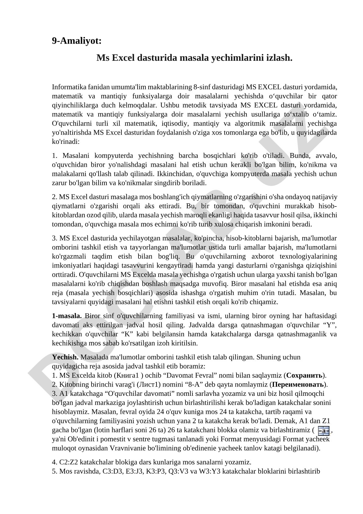 Ms Excel dasturida masala yechimlarini izlash