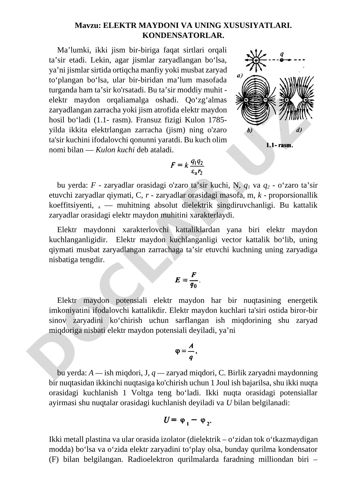 ELEKTR MAYDONI VA UNING XUSUSIYATLARI. KONDENSATORLAR