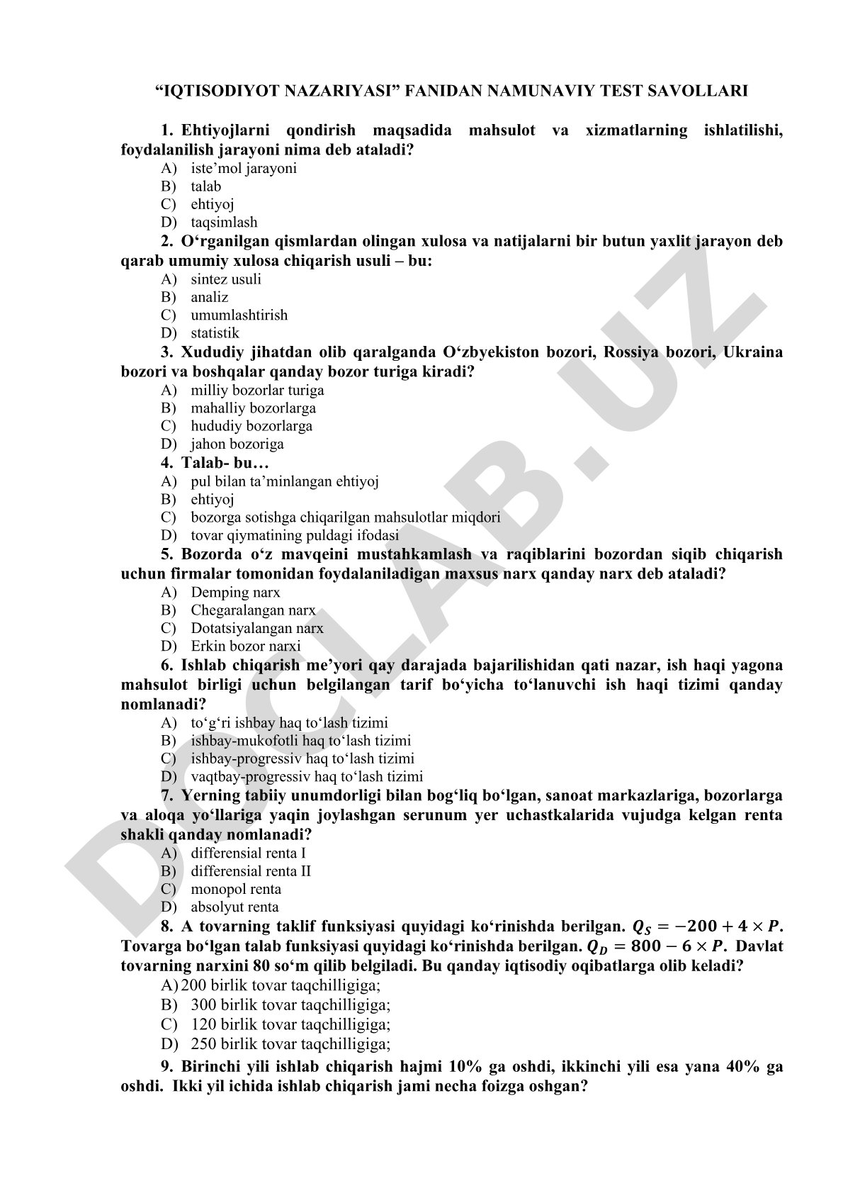 Iqtisodiyot nazariyasi fanidan namunaviy test savollari