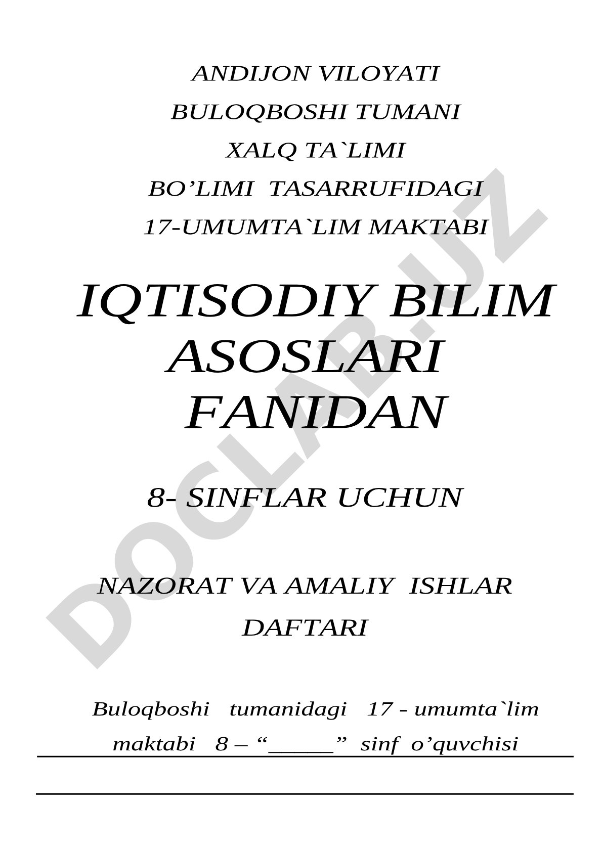 Iqtisodiy bilim asoslari fanidan 8-sinflar uchun nazorat va amaliy ishlar