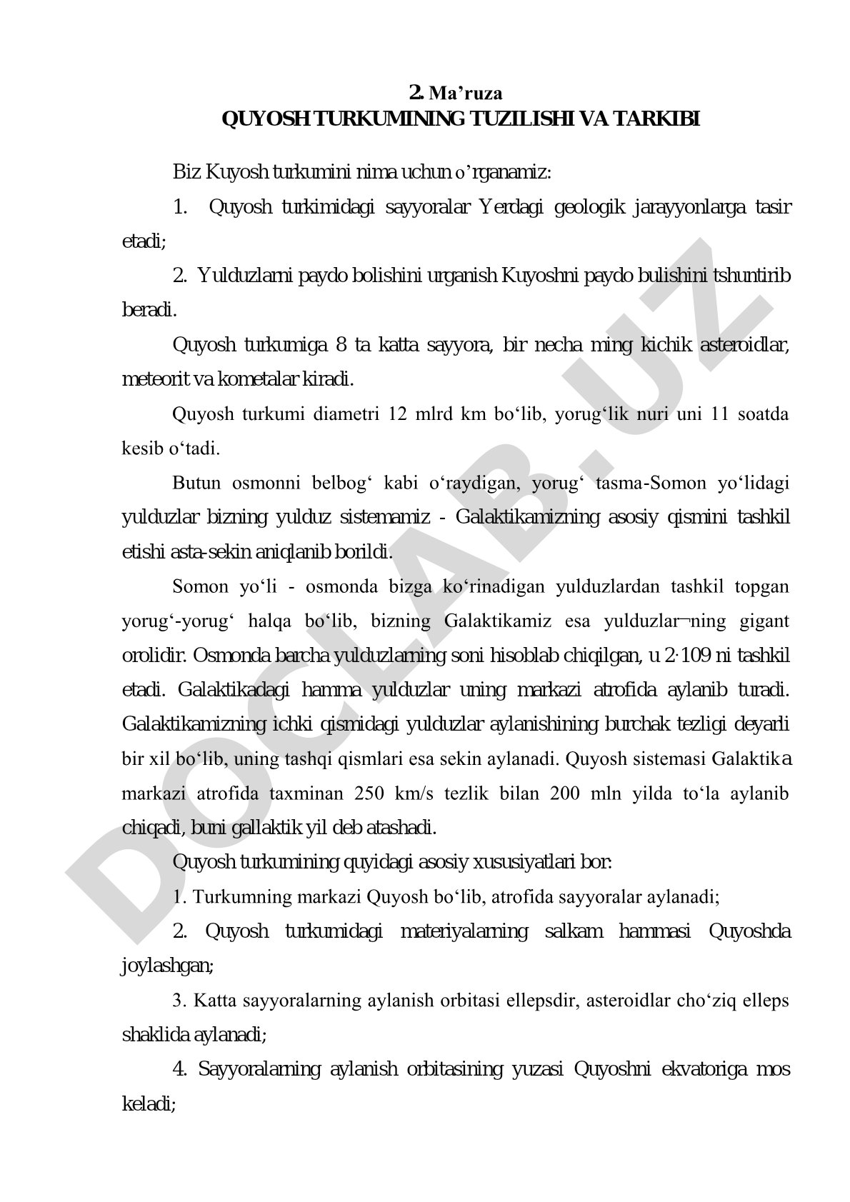 Quyosh turkumining tuzilishi va tarkibi
