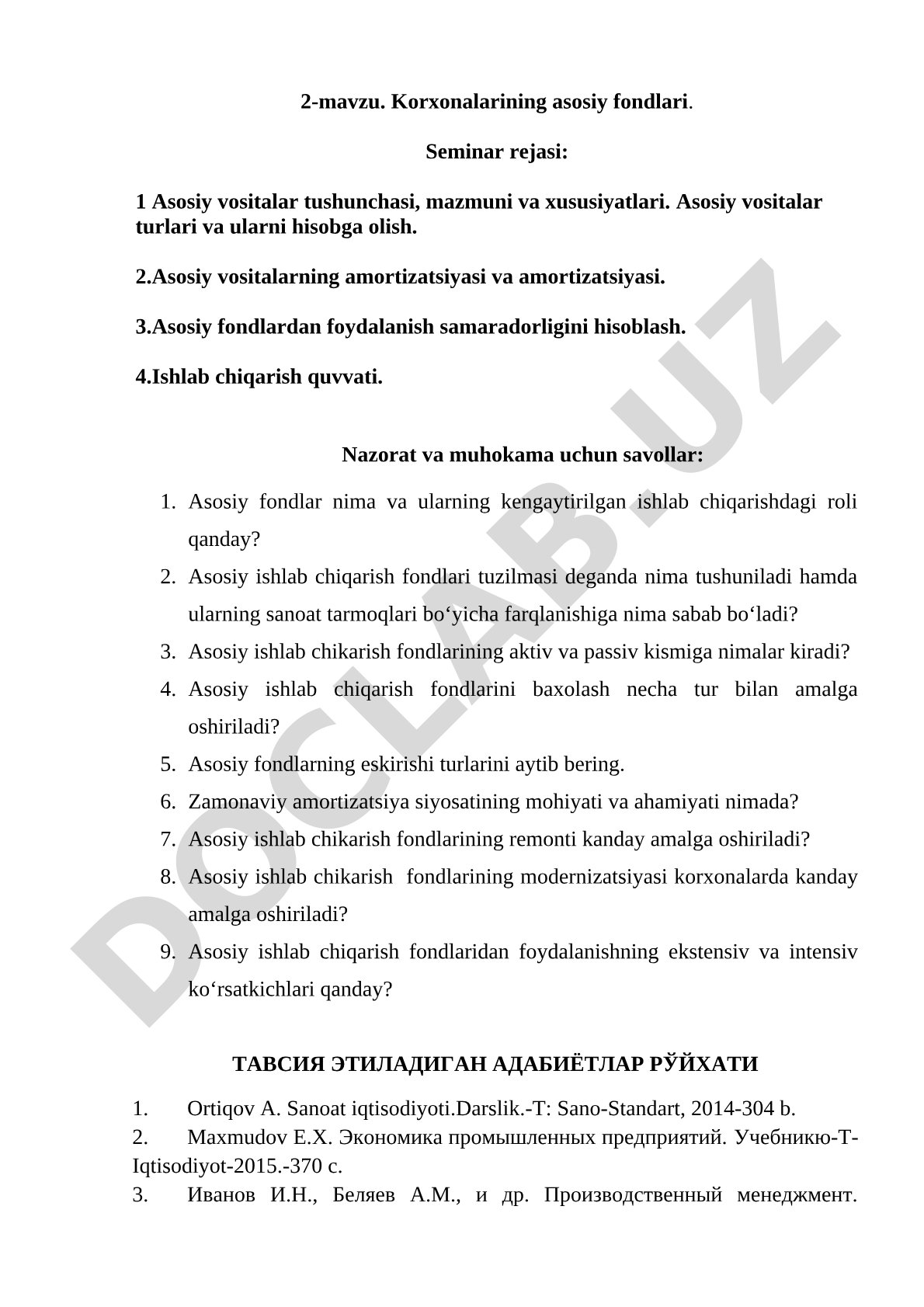 Asosiy fondlar, amortizatsiya va ulardan foydalanish samaradorligi seminar rejasi