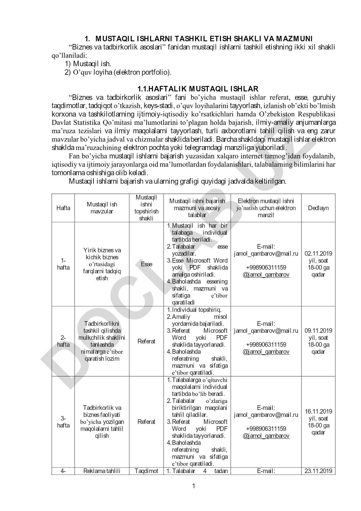 Biznes va tadbirkorlik asoslari fanidan mustaqil ishlarni tashkil etish