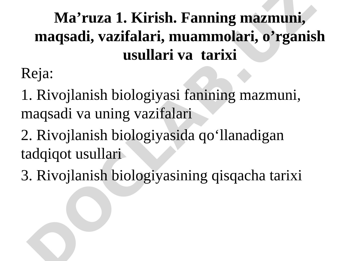 Kirish. Fanning mazmuni, maqsadi, vazifalari, muammolari, o’rganish usullari va tarixi
