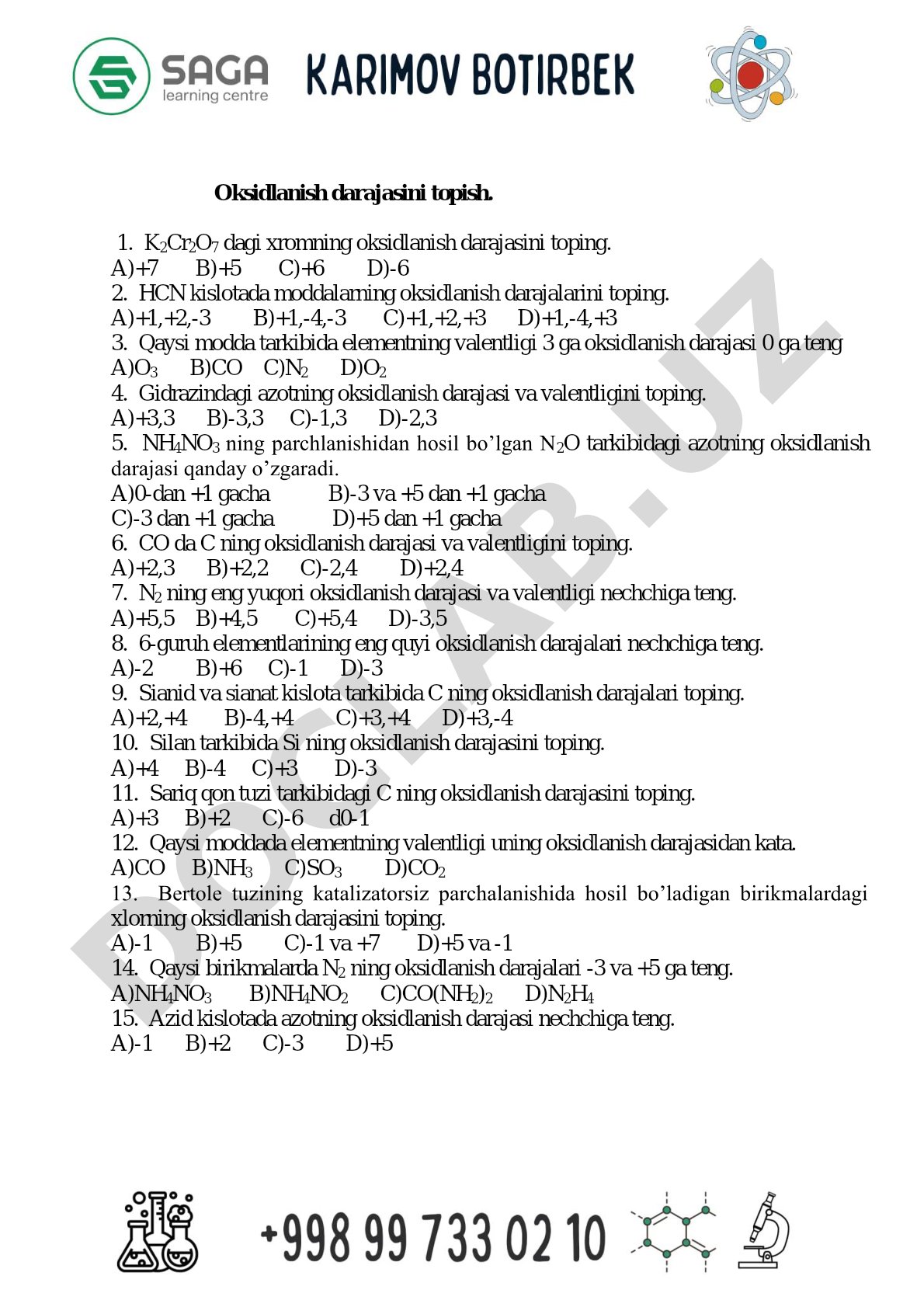 Oksidlanish darajasini topish