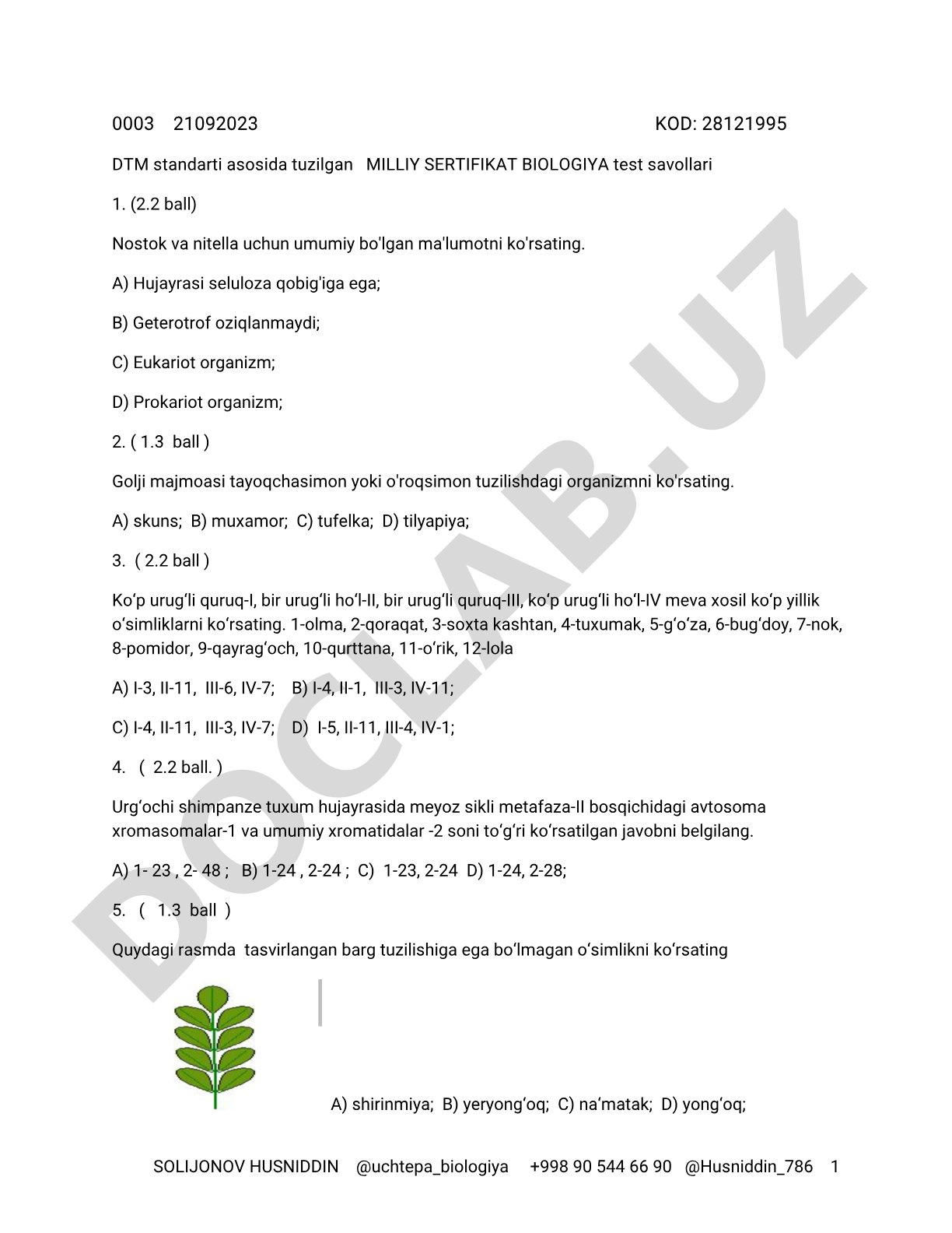 Biologiya milliy sertifikat test savollari