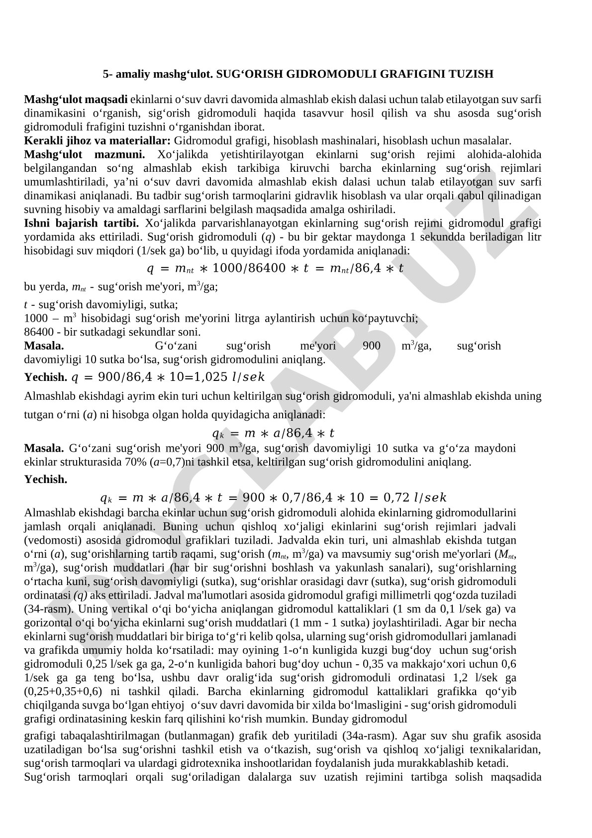 Sug‘orish gidromoduli grafigini tuzish
