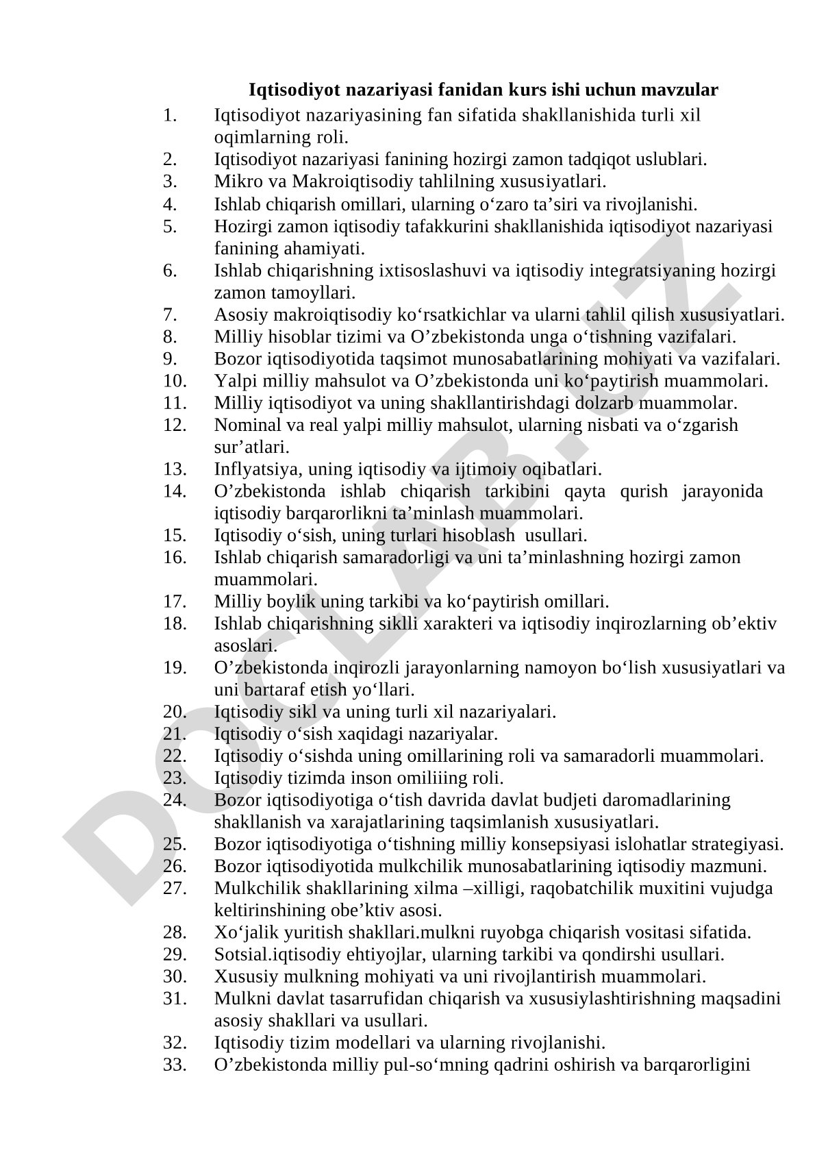 Iqtisodiyot nazariyasi fanidan mavzular